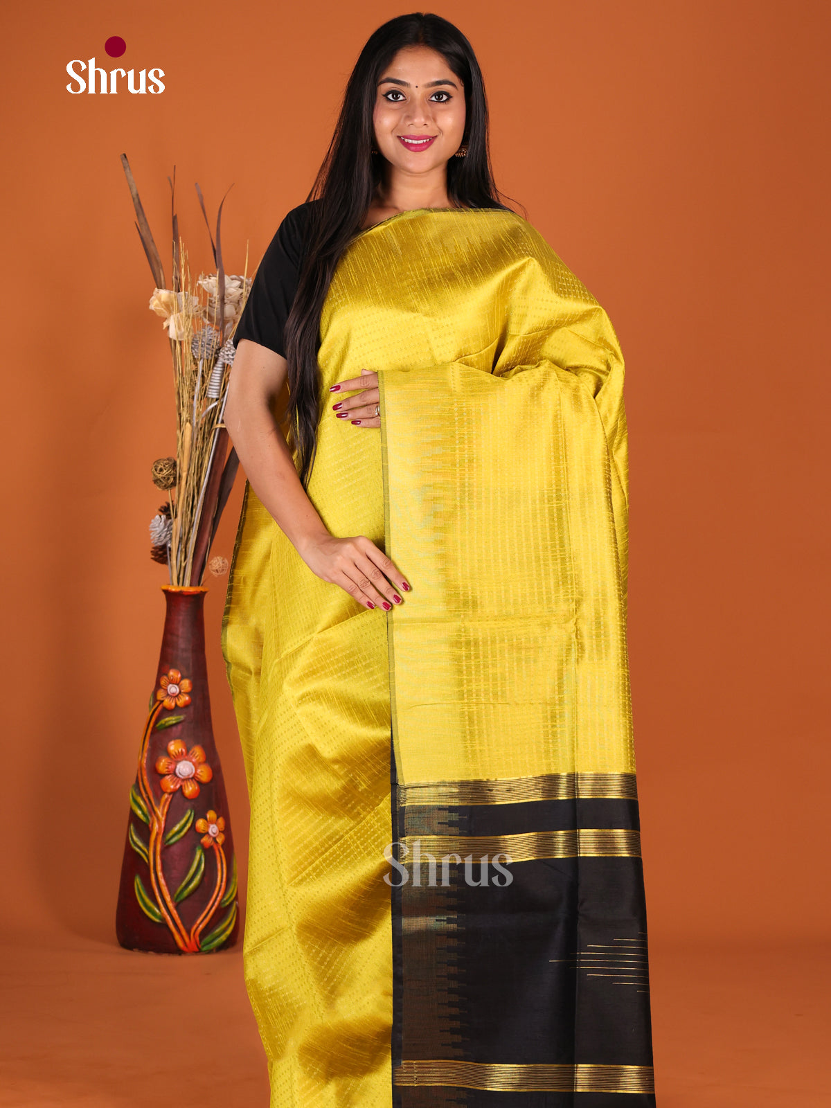 Mustard Green & Black - Semi Rawsilk Saree - Shop on Shrus.com