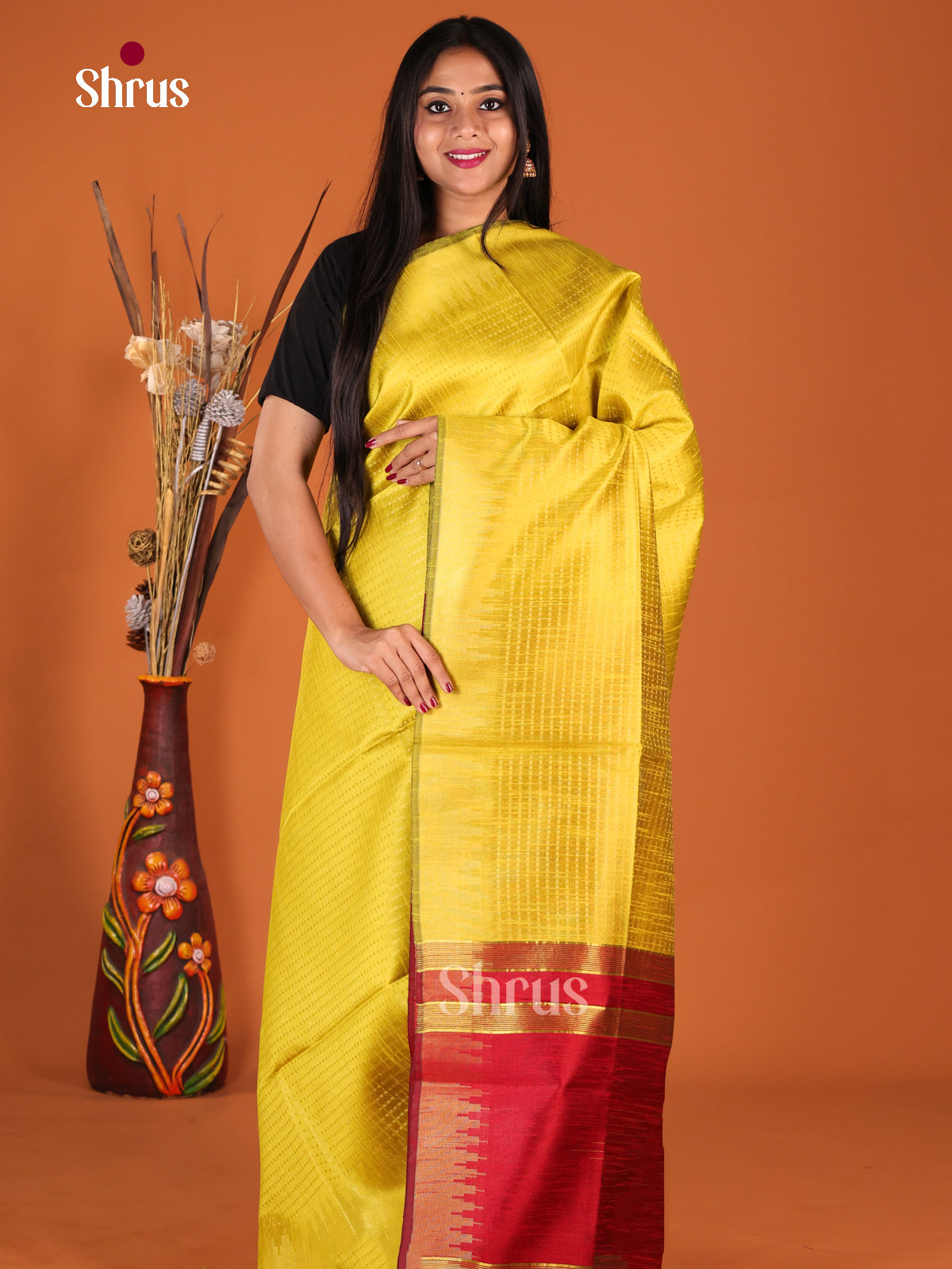 Yellowish Green & Red- Semi Rawsilk Saree - Shop on Shrus.com