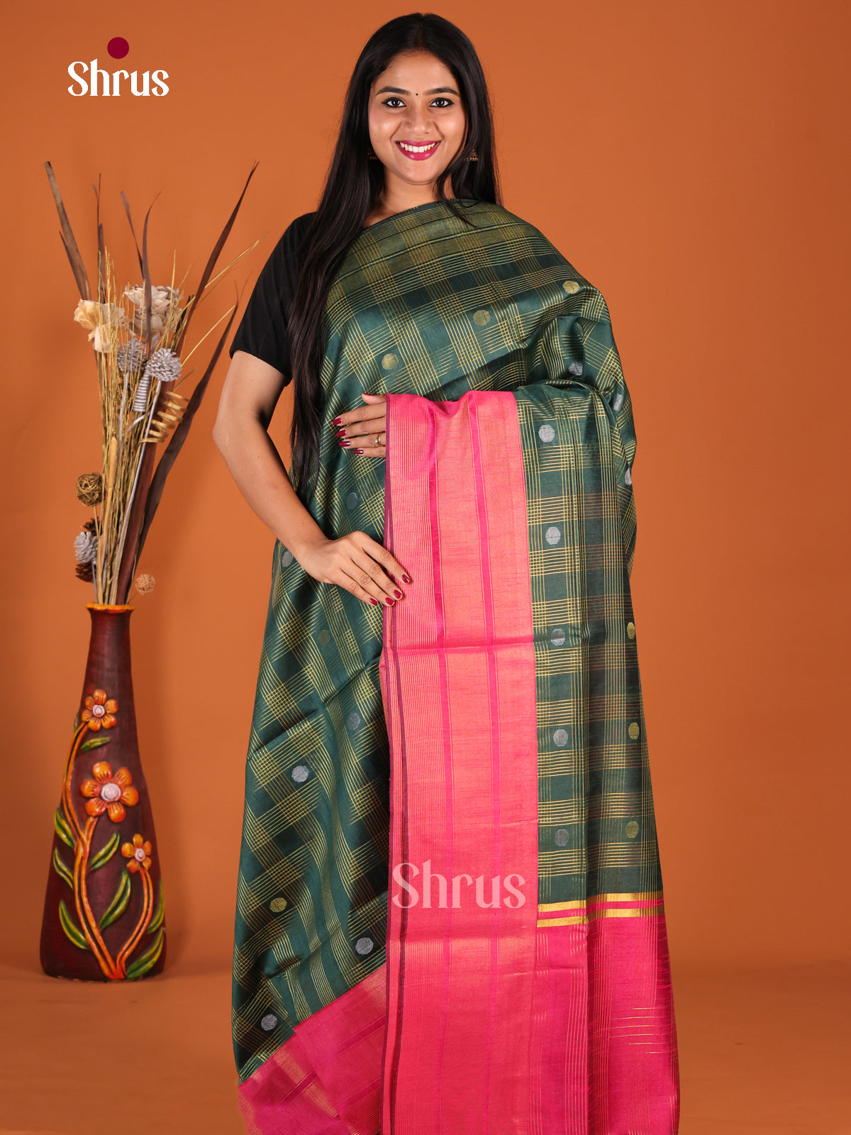 Green & Pink - Semi Rawsilk Saree - Shop on Shrus.com