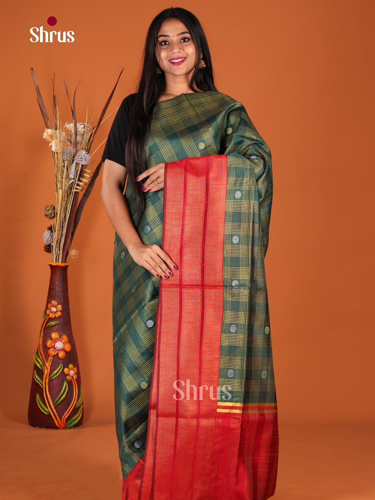 Green & Red - Semi Rawsilk Saree - Shop on Shrus.com