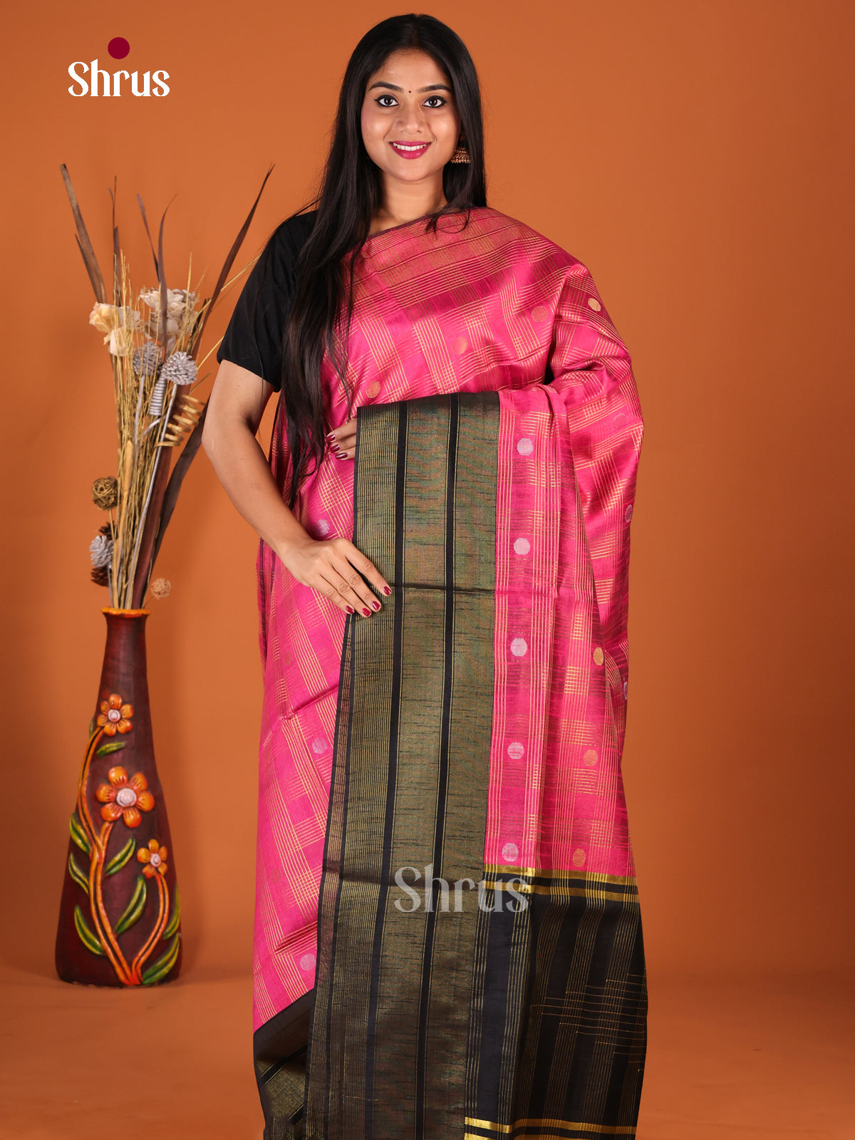 Pink & Black - Semi Rawsilk Saree - Shop on Shrus.com