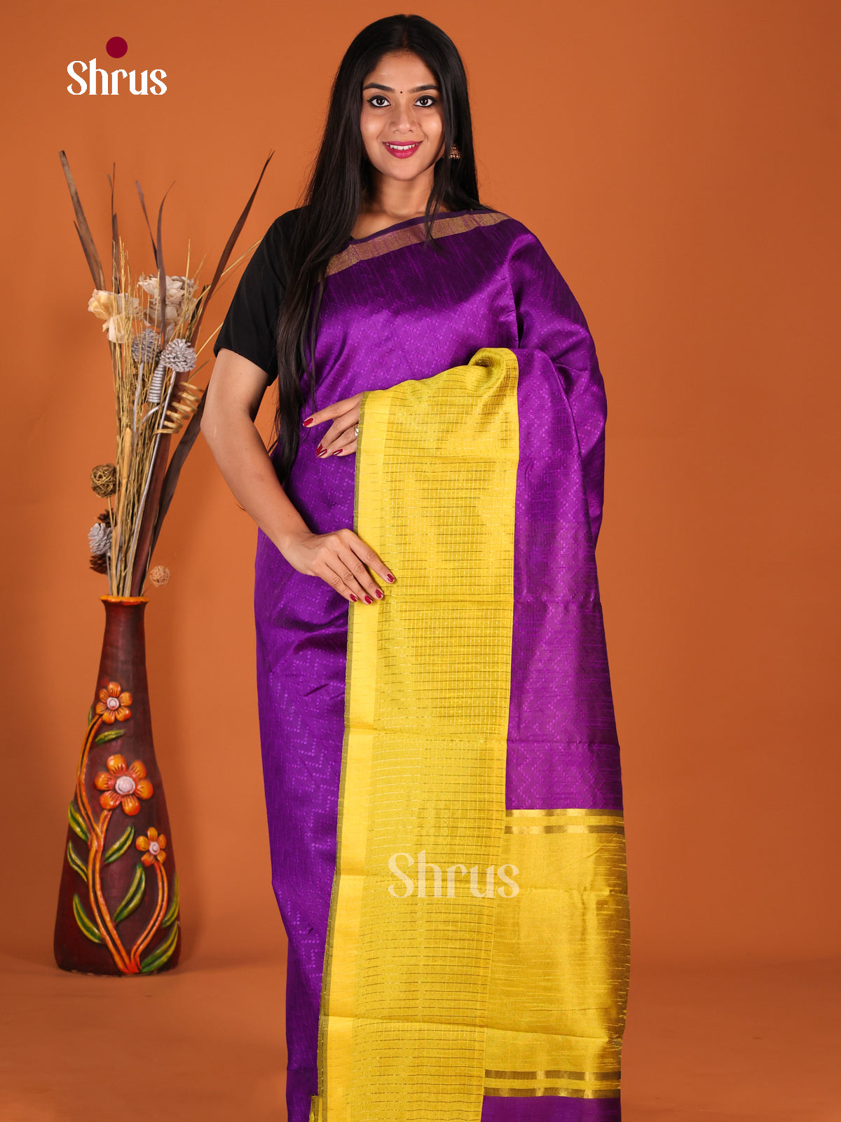 Violet & yellow - Semi Rawsilk Saree - Shop on Shrus.com
