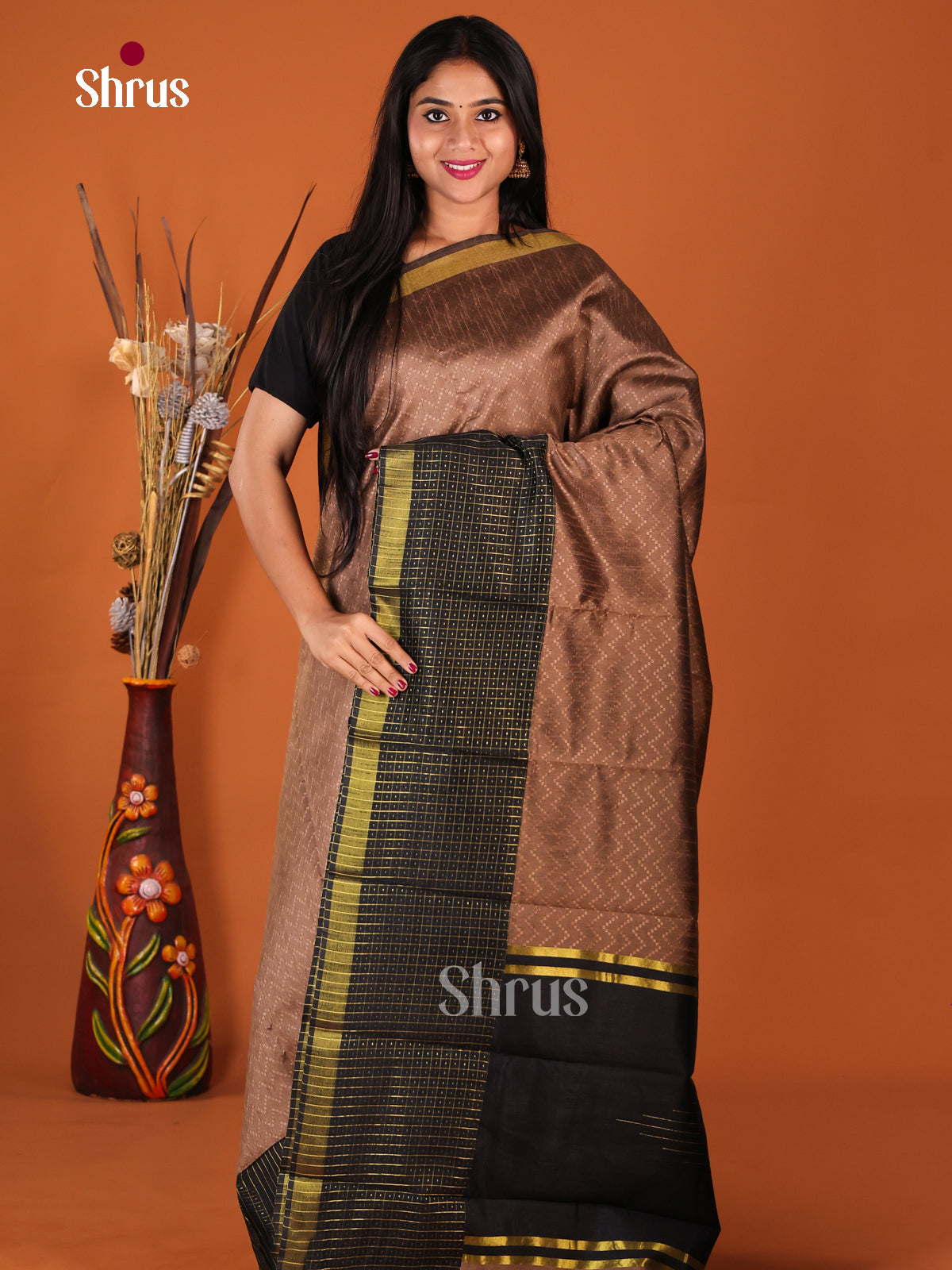 Brown & Black - Semi Rawsilk Saree