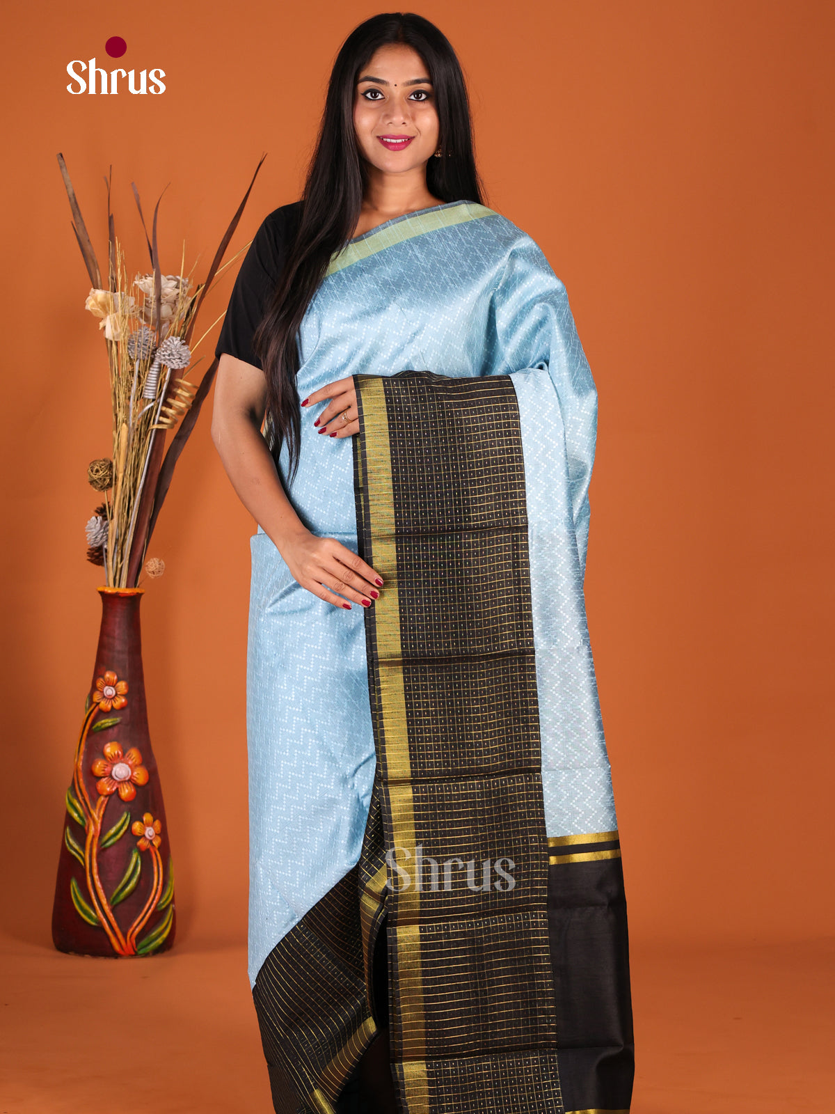 Light Blue & Black - Semi Rawsilk Saree - Shop on Shrus.com