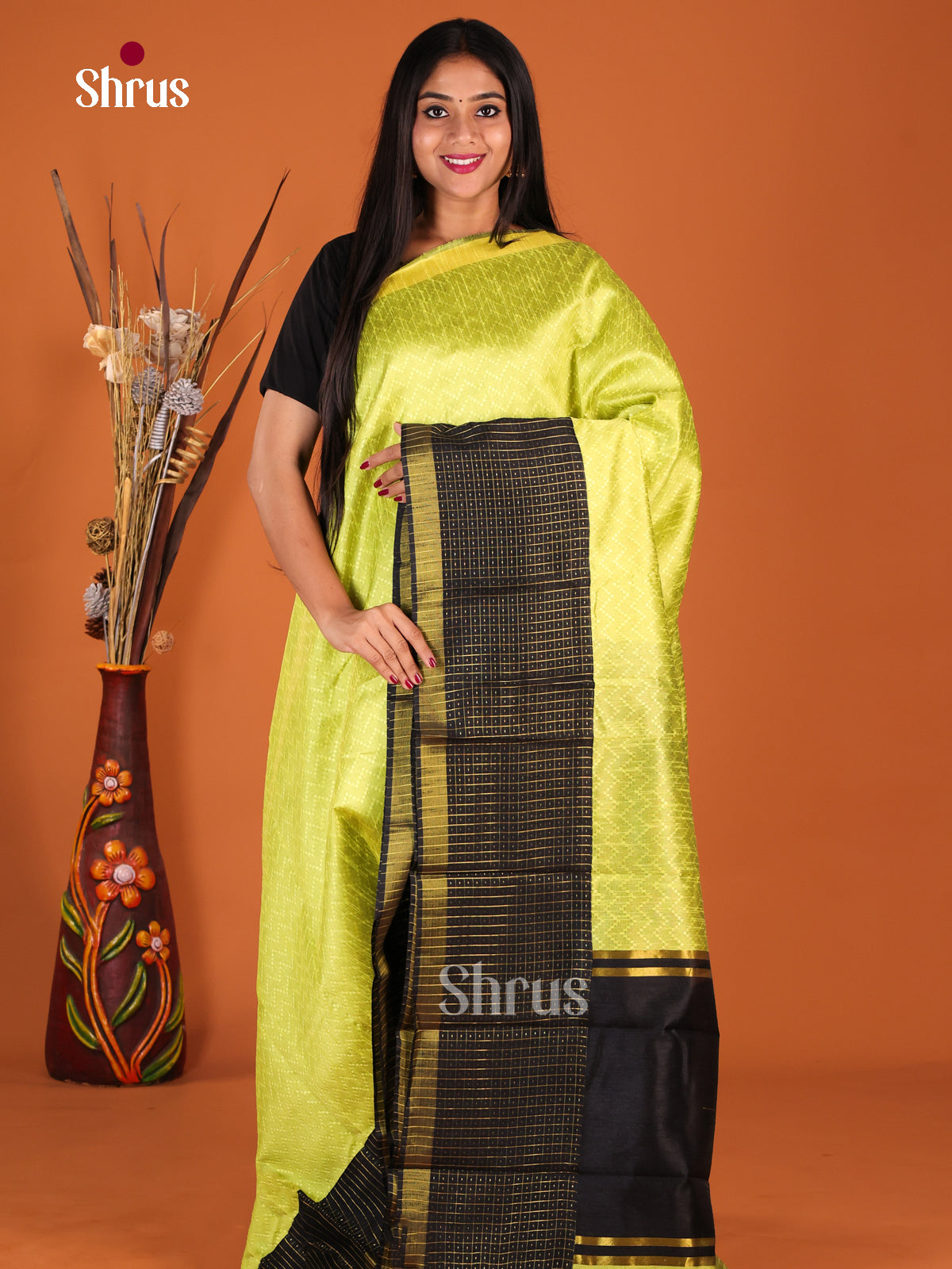 Light Green & Black - Semi Rawsilk Saree - Shop on Shrus.com