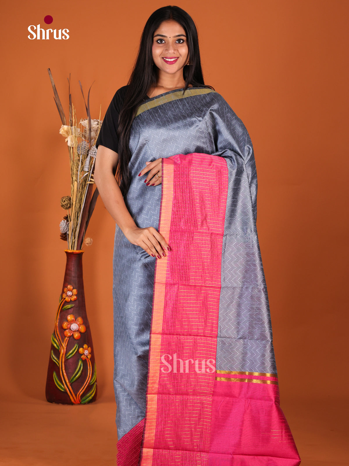 Grey & Pink - Semi Rawsilk Saree