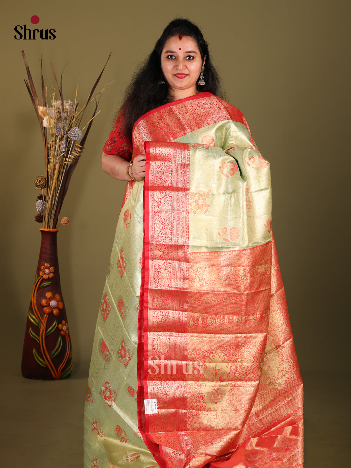 Green & Red - Kanchipuram-halfpure Saree - Shop on Shrus.com