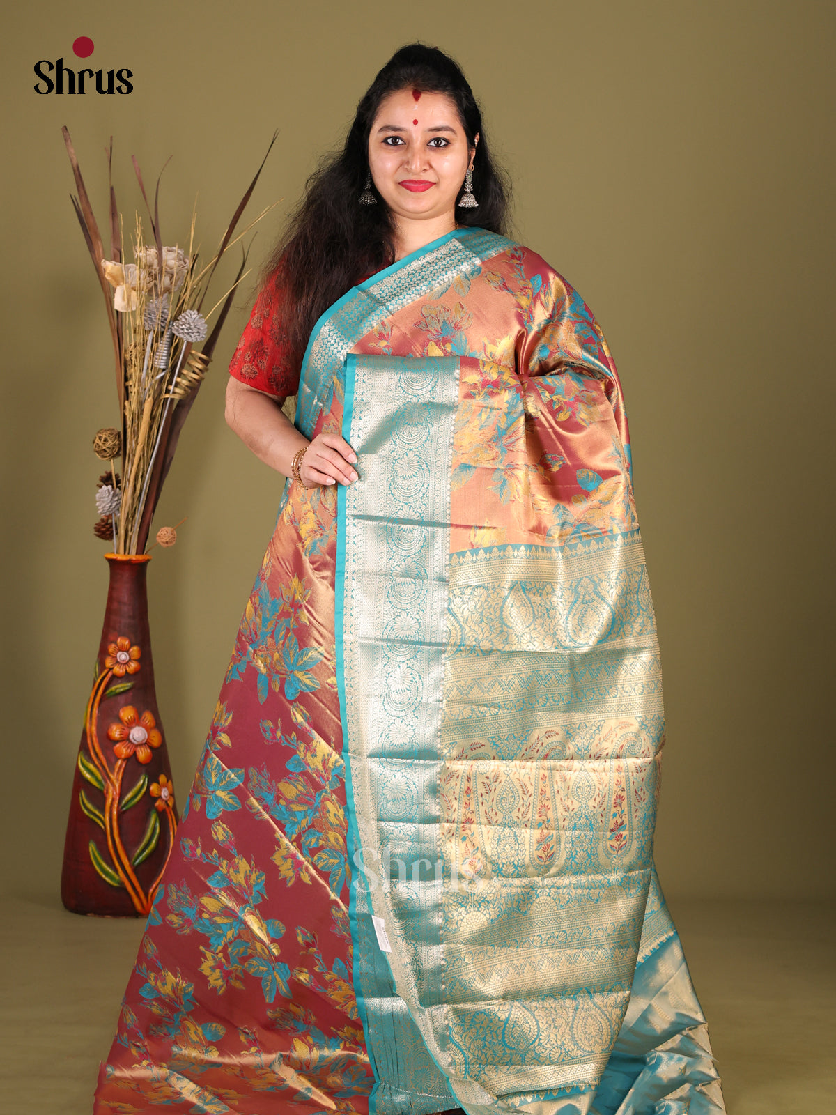Brown & Blue- Kanchipuram-halfpure Saree