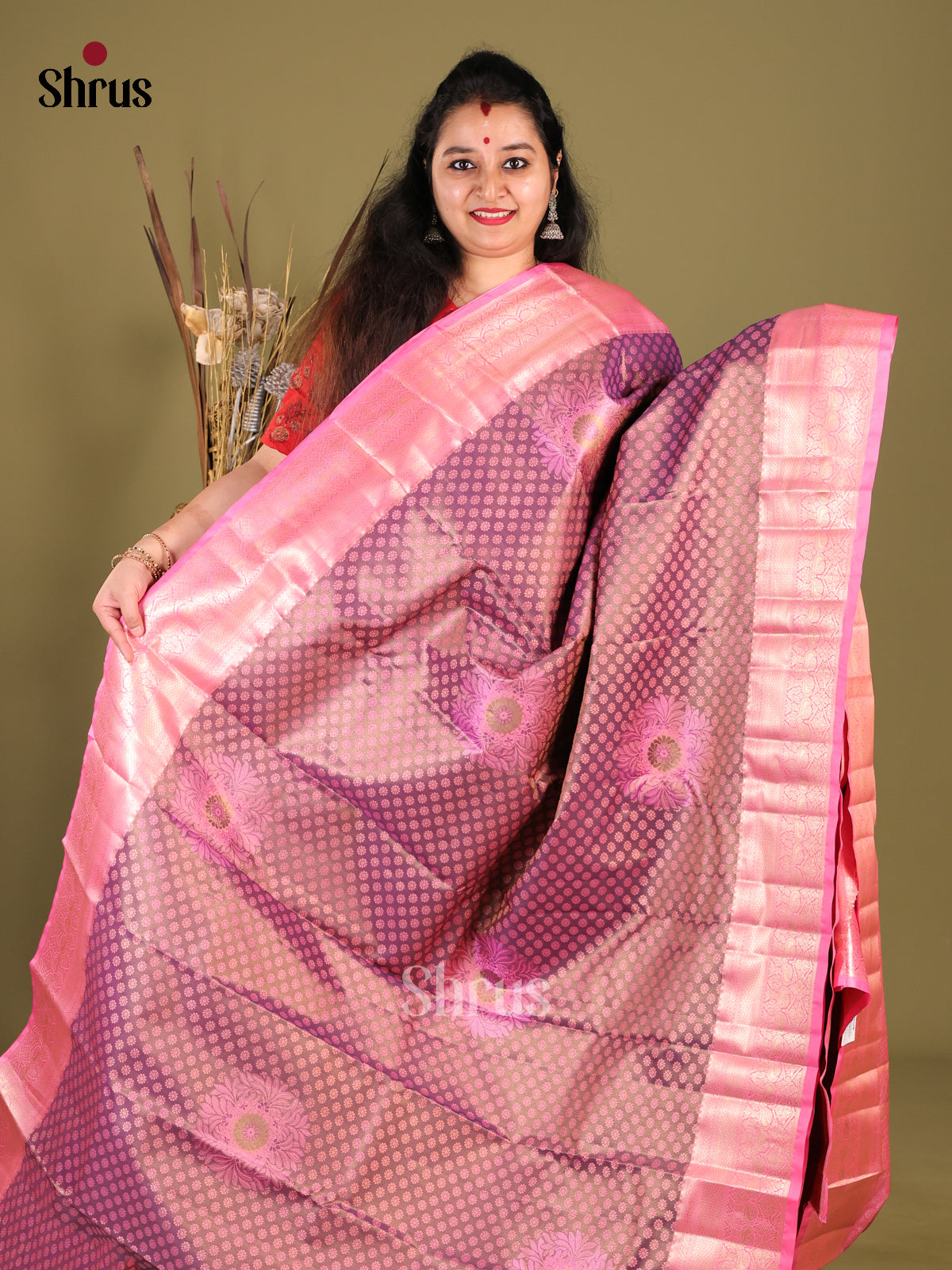 Purple & Pink - Kanchipuram-halfpure Saree - Shop on Shrus.com