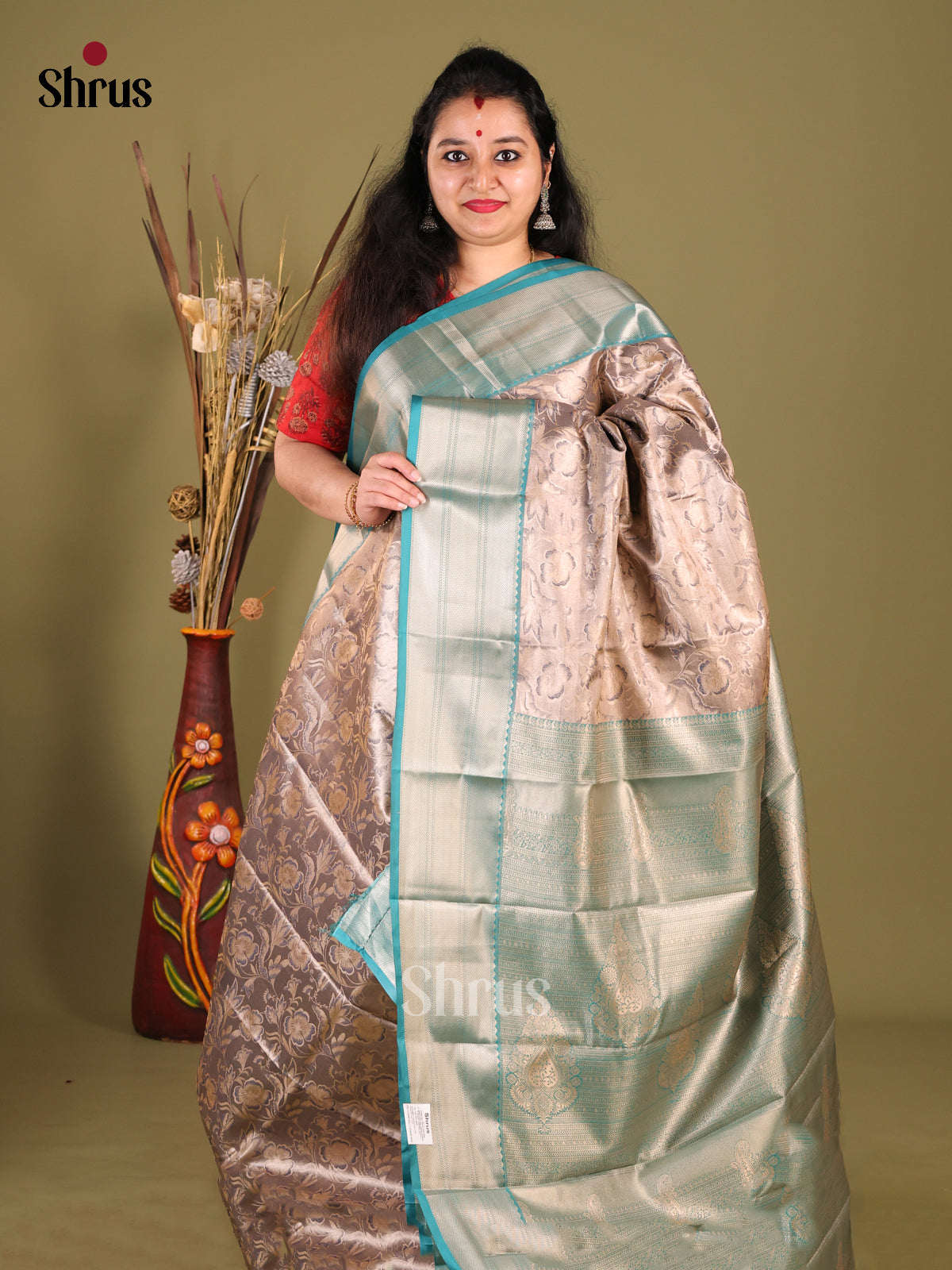 Grey & Blue - Kanchipuram-halfpure Saree - Shop on Shrus.com
