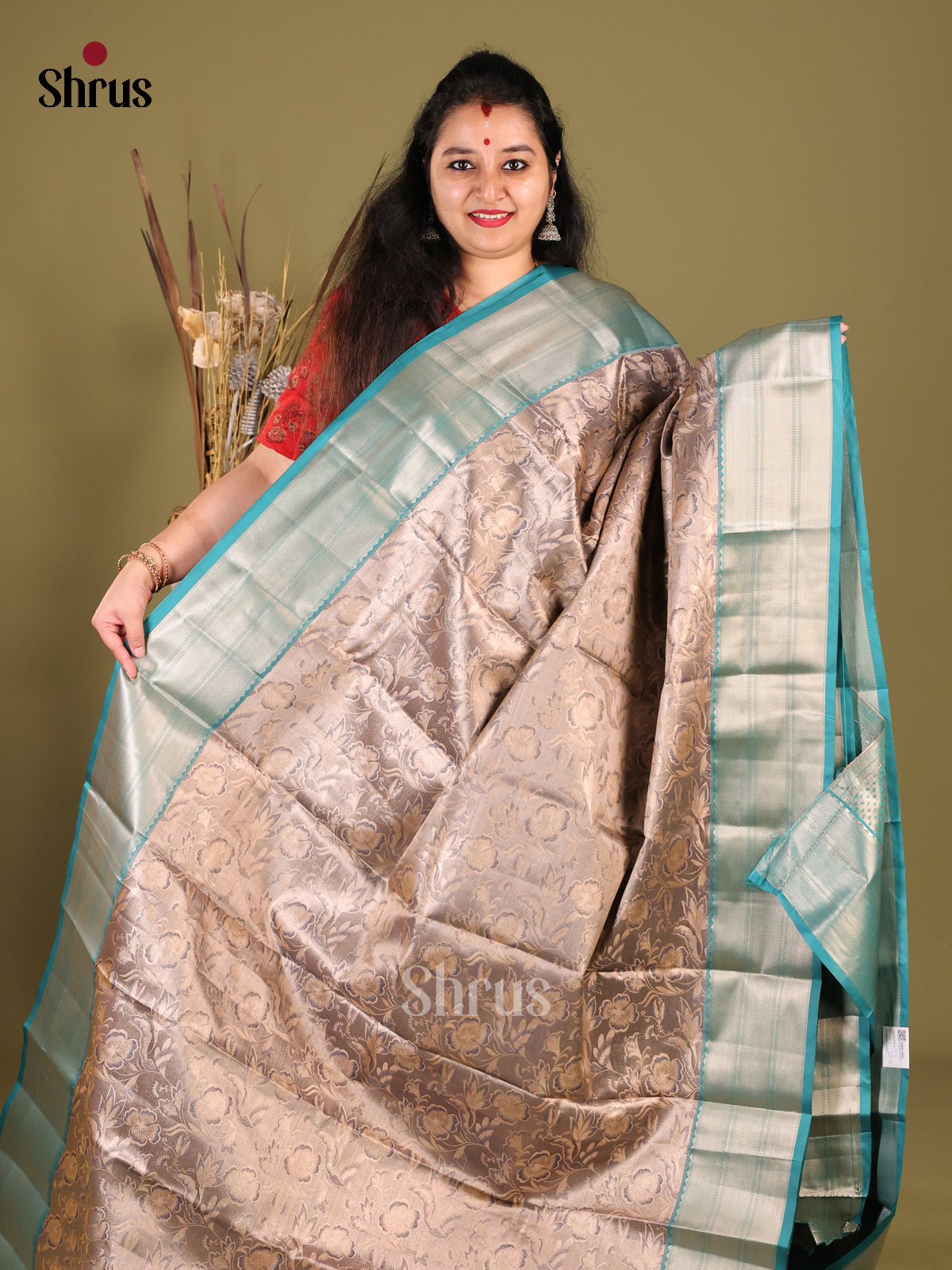 Grey & Blue - Kanchipuram-halfpure Saree - Shop on Shrus.com