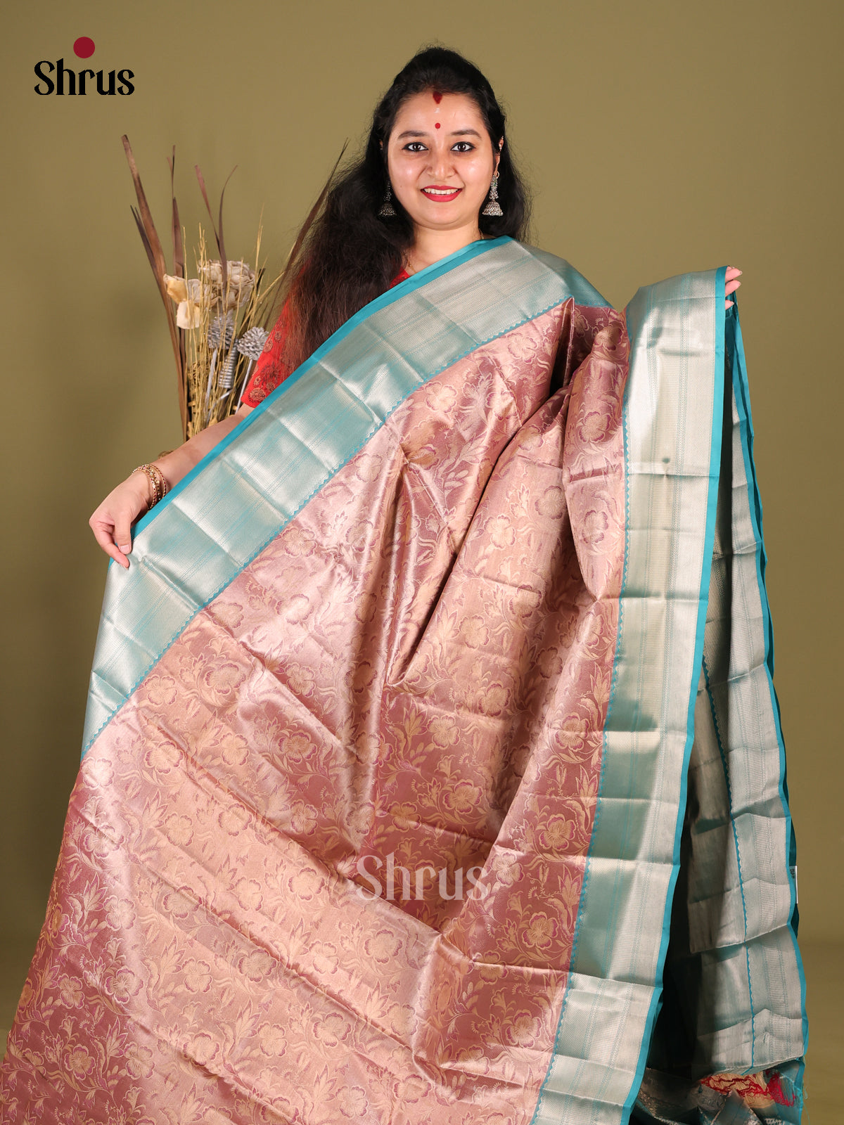 Onion Pink & Blue - Kanchipuram-halfpure Saree - Shop on Shrus.com