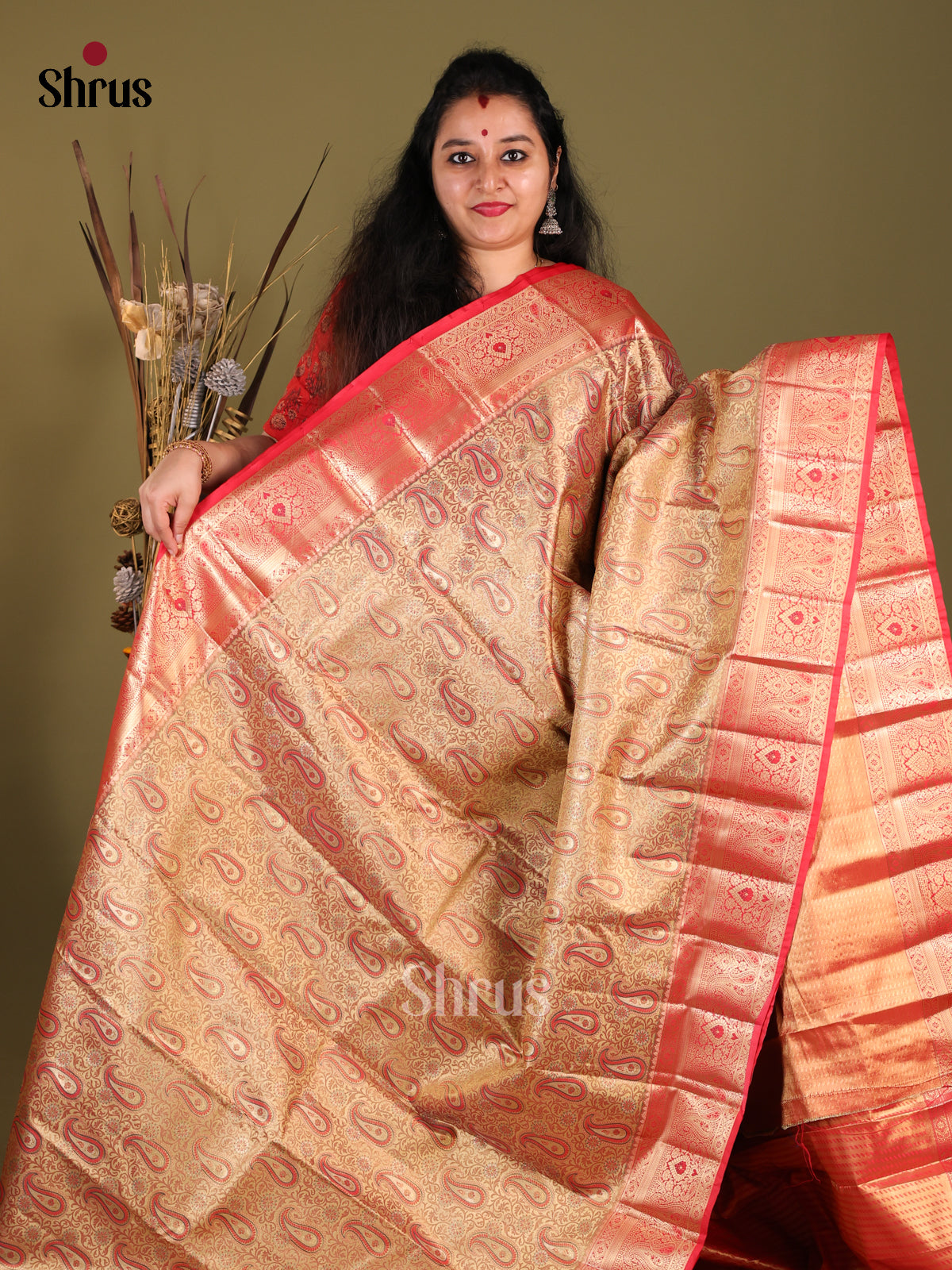 Gold & Red- Kanchipuram-halfpure Saree - Shop on Shrus.com