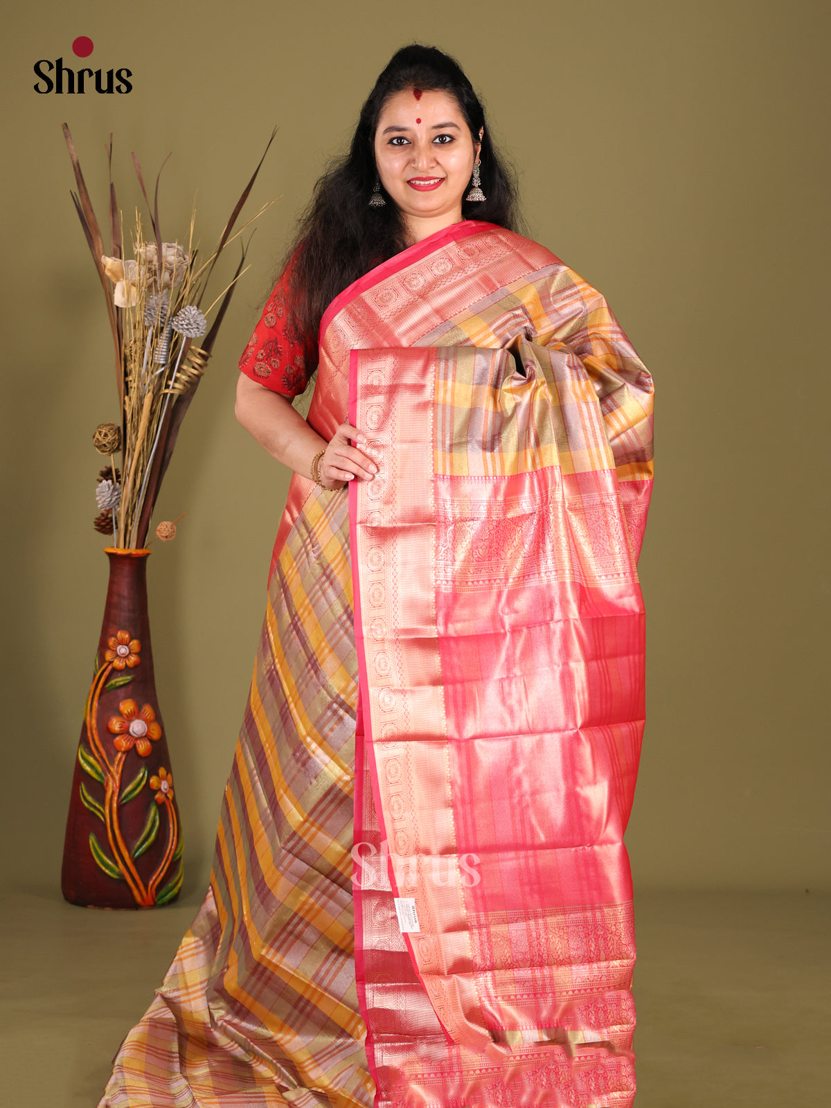 Multicolor & Pink - Kanchipuram-halfpure Saree