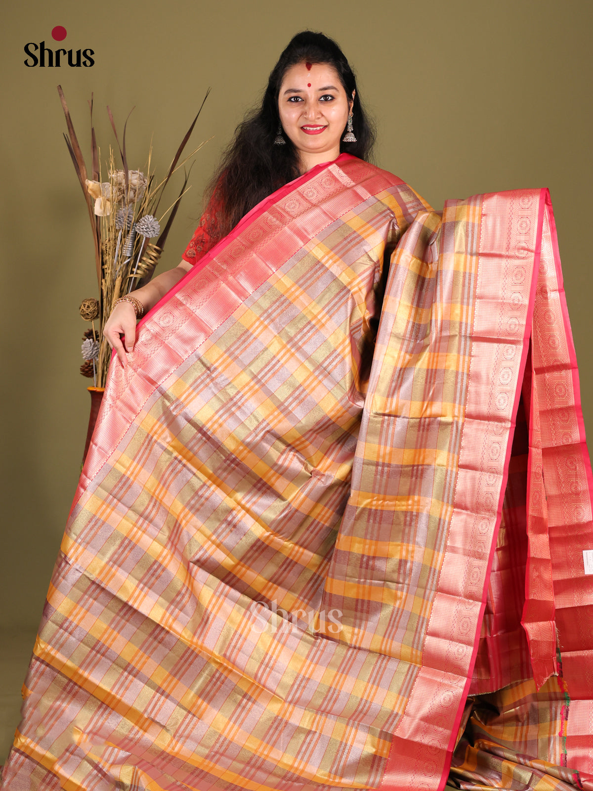 Multicolor & Pink - Kanchipuram-halfpure Saree 1