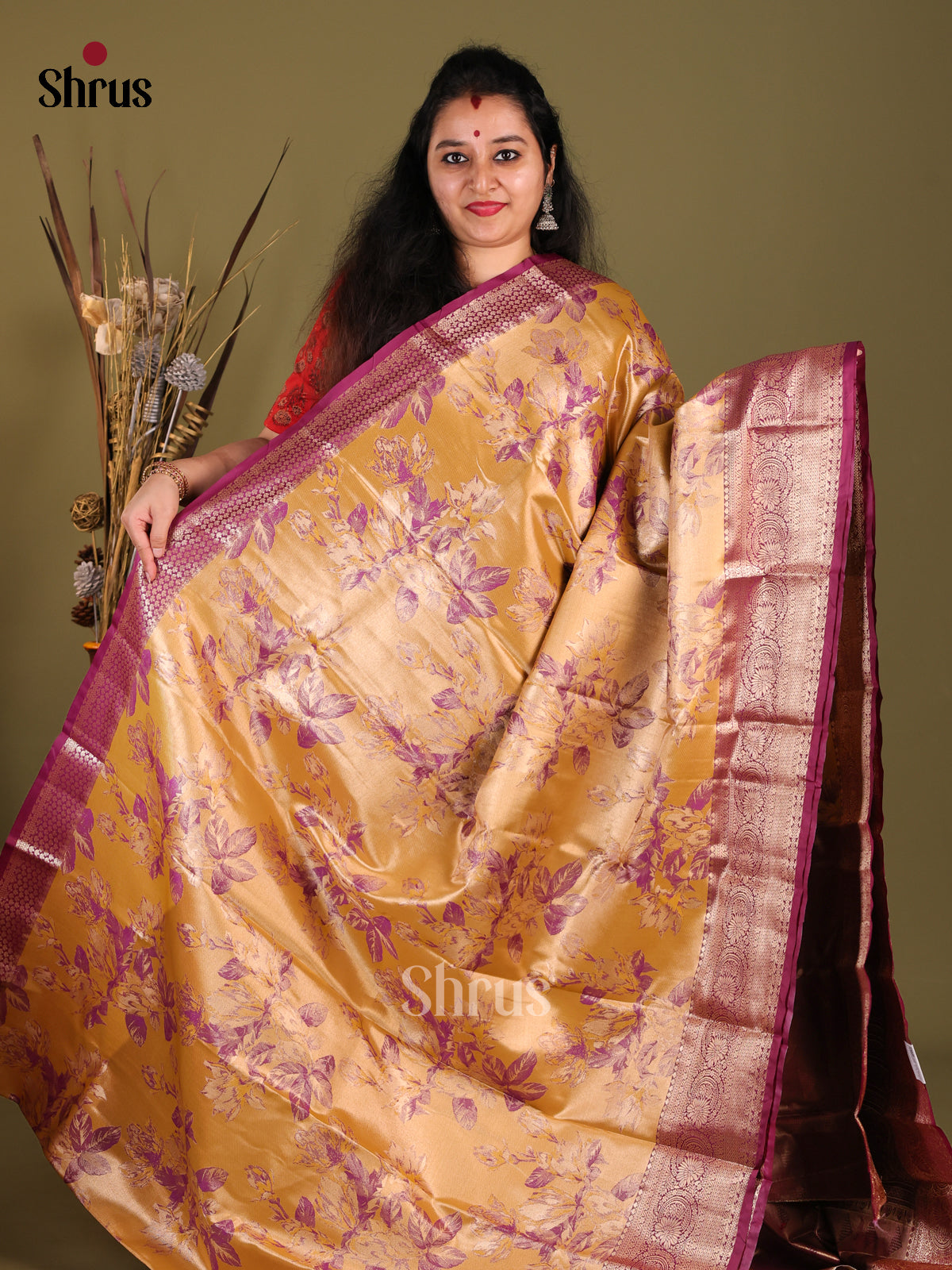 Mustard & Purple - Kanchipuram-halfpure Saree - Shop on Shrus.com