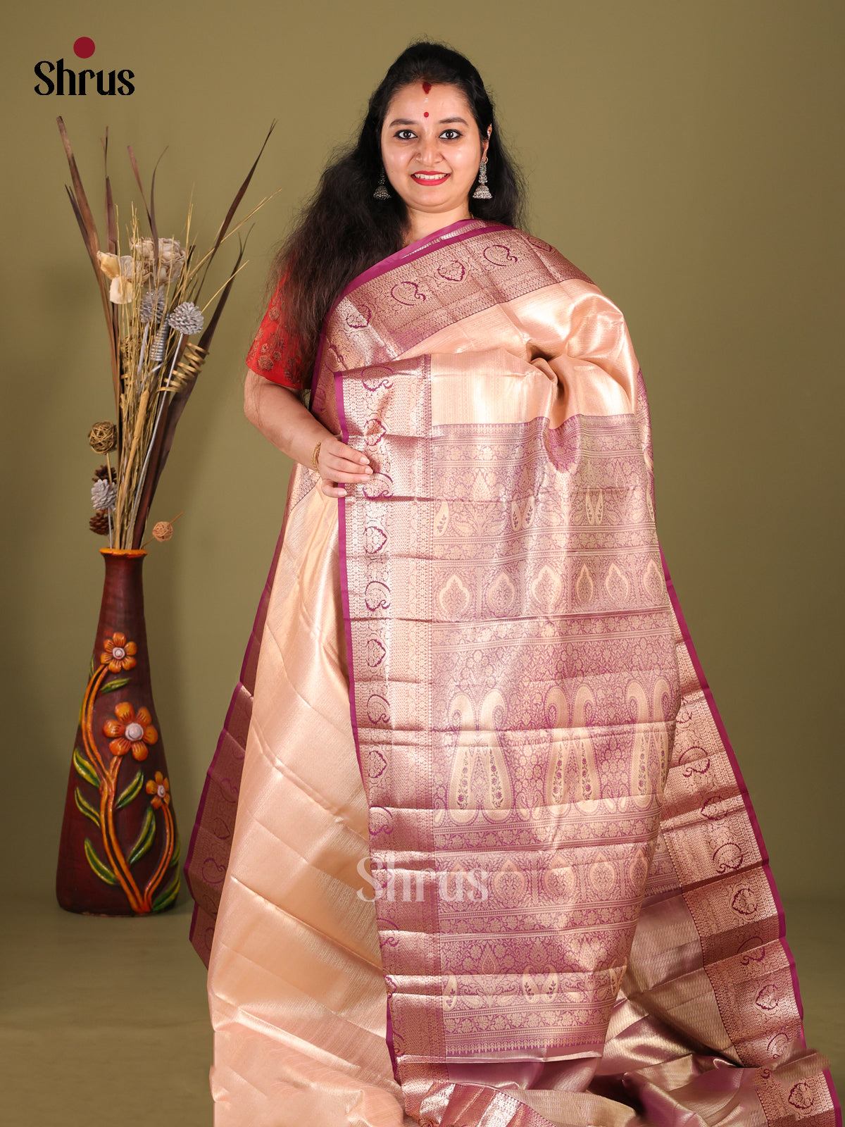 Peach & Purple - Kanchipuram-halfpure Saree - Shop on Shrus.com