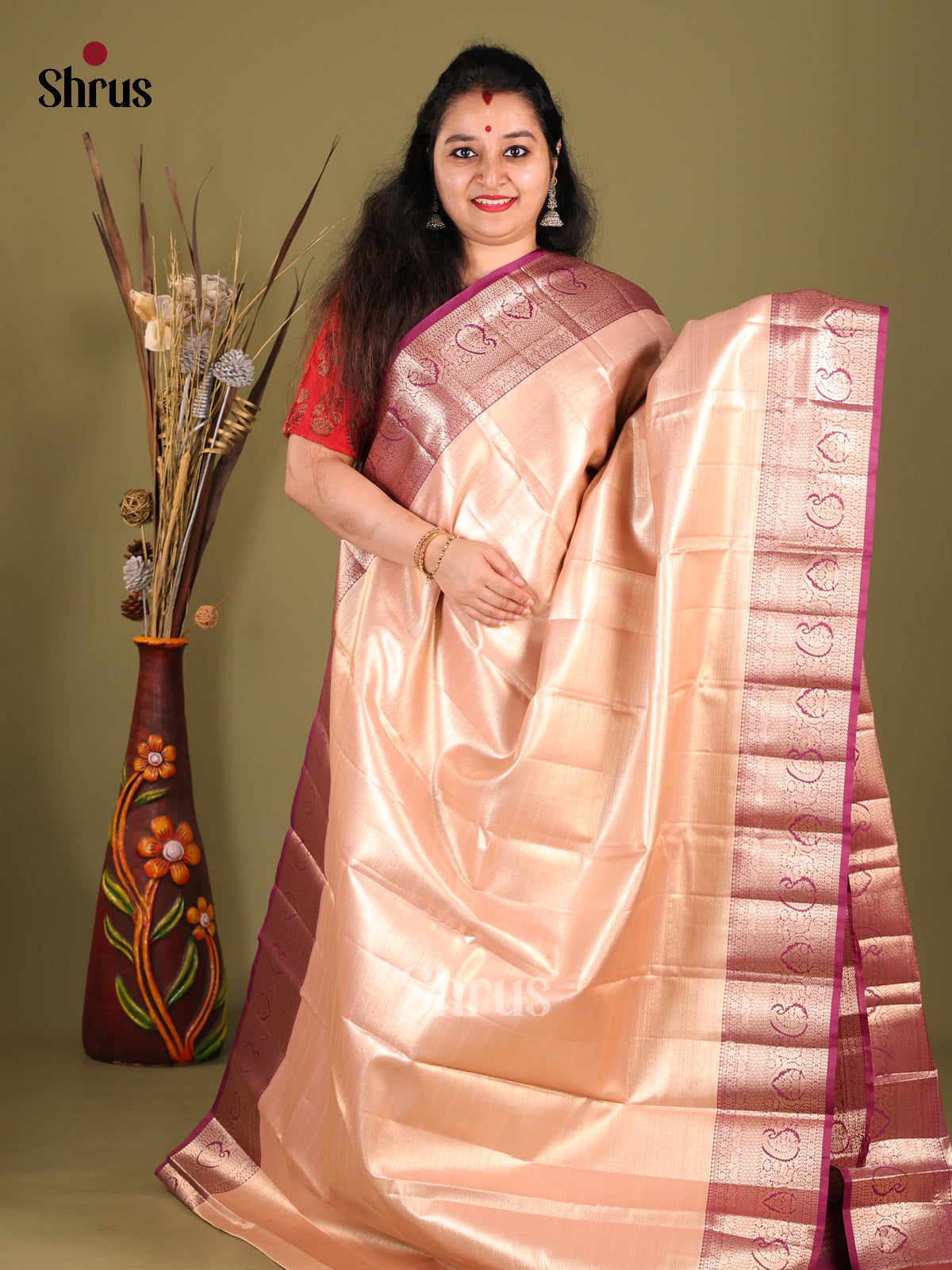 Peach & Purple - Kanchipuram-halfpure Saree - Shop on Shrus.com