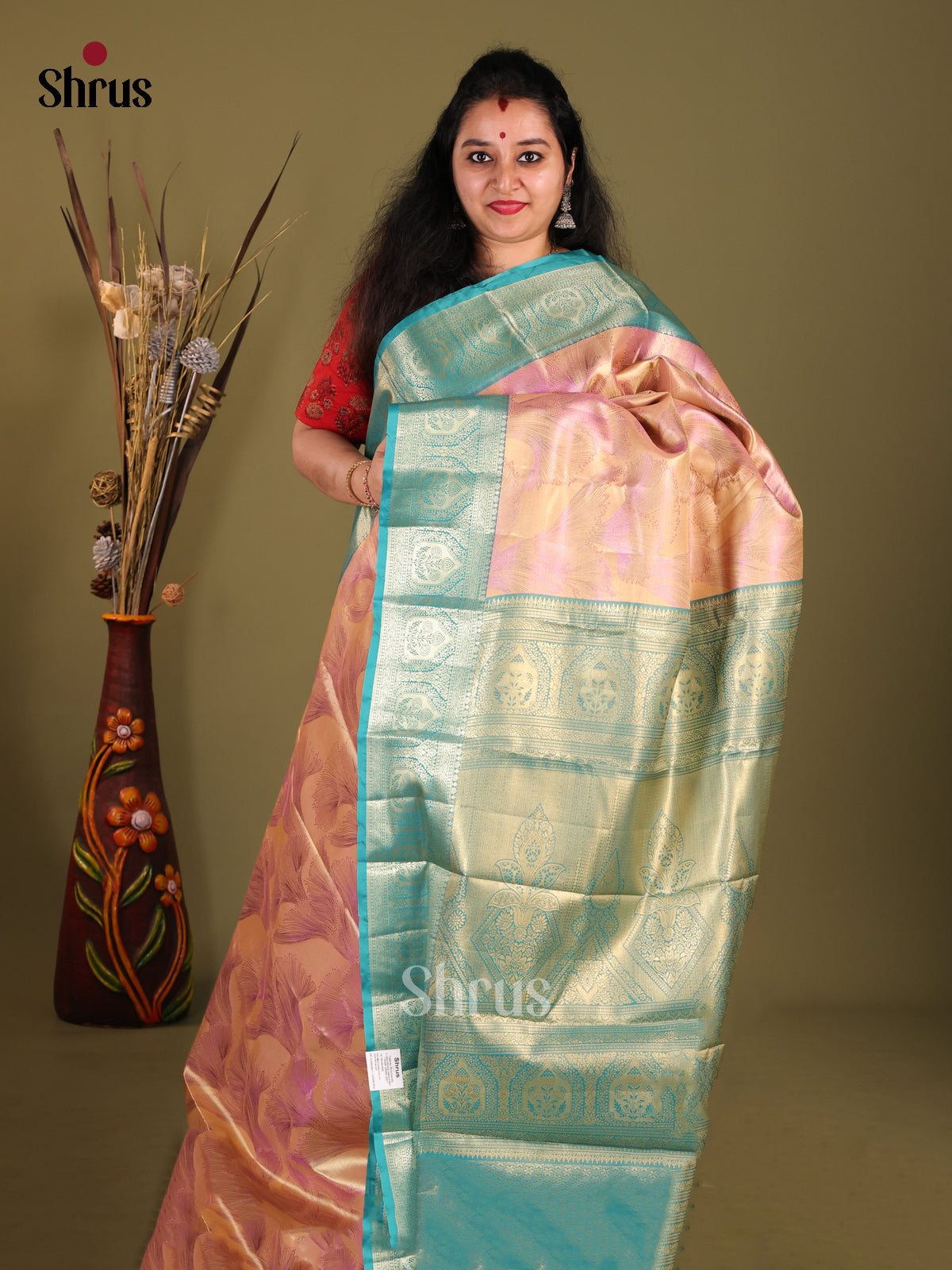 Peach & Blue- Kanchipuram-halfpure Saree