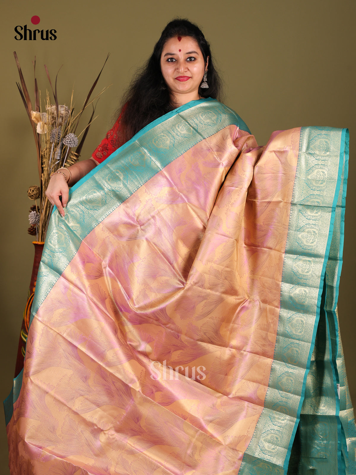 Peach & Blue- Kanchipuram-halfpure Saree 1