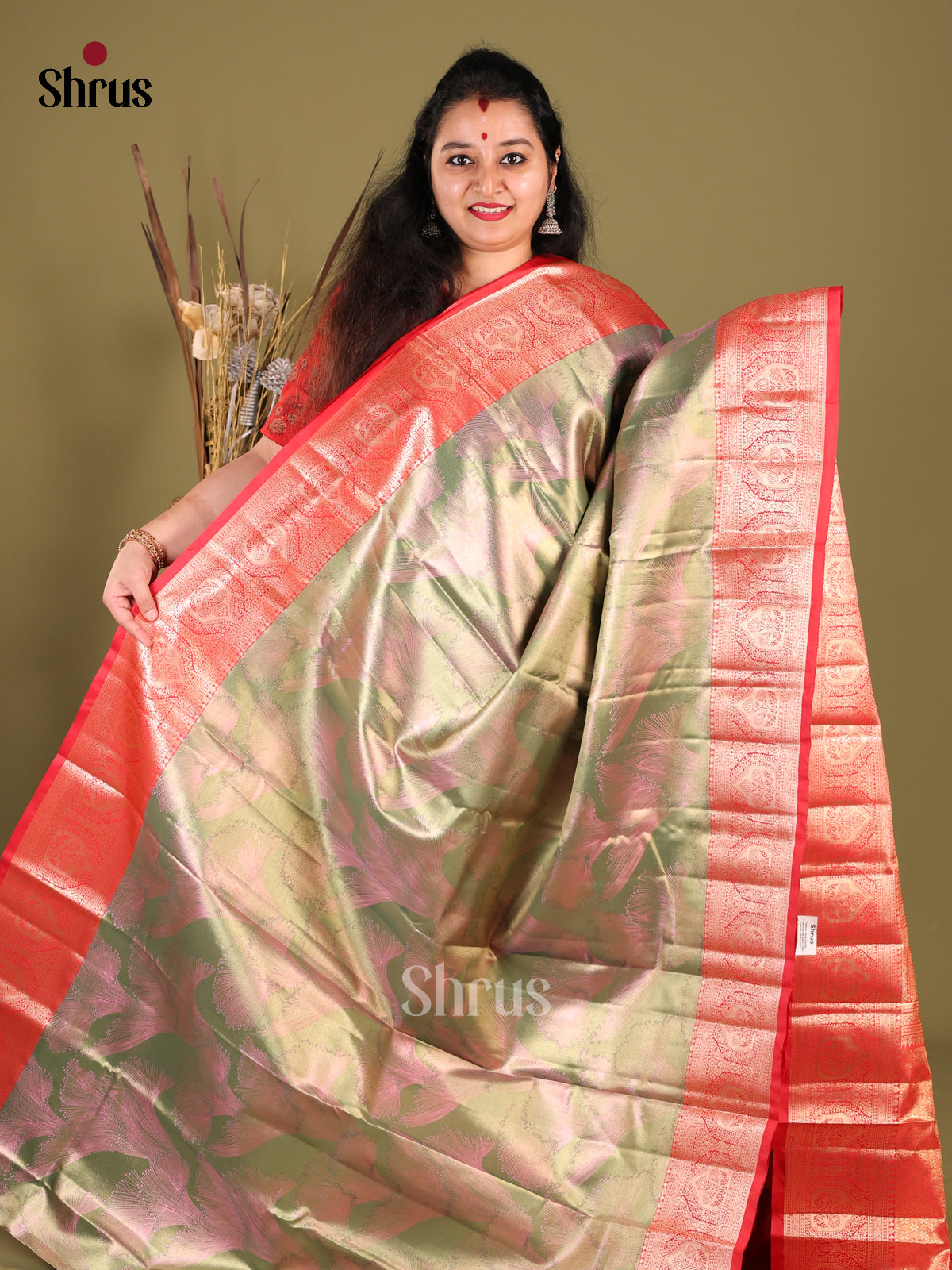 Green & Red - Kanchipuram-halfpure Saree 1