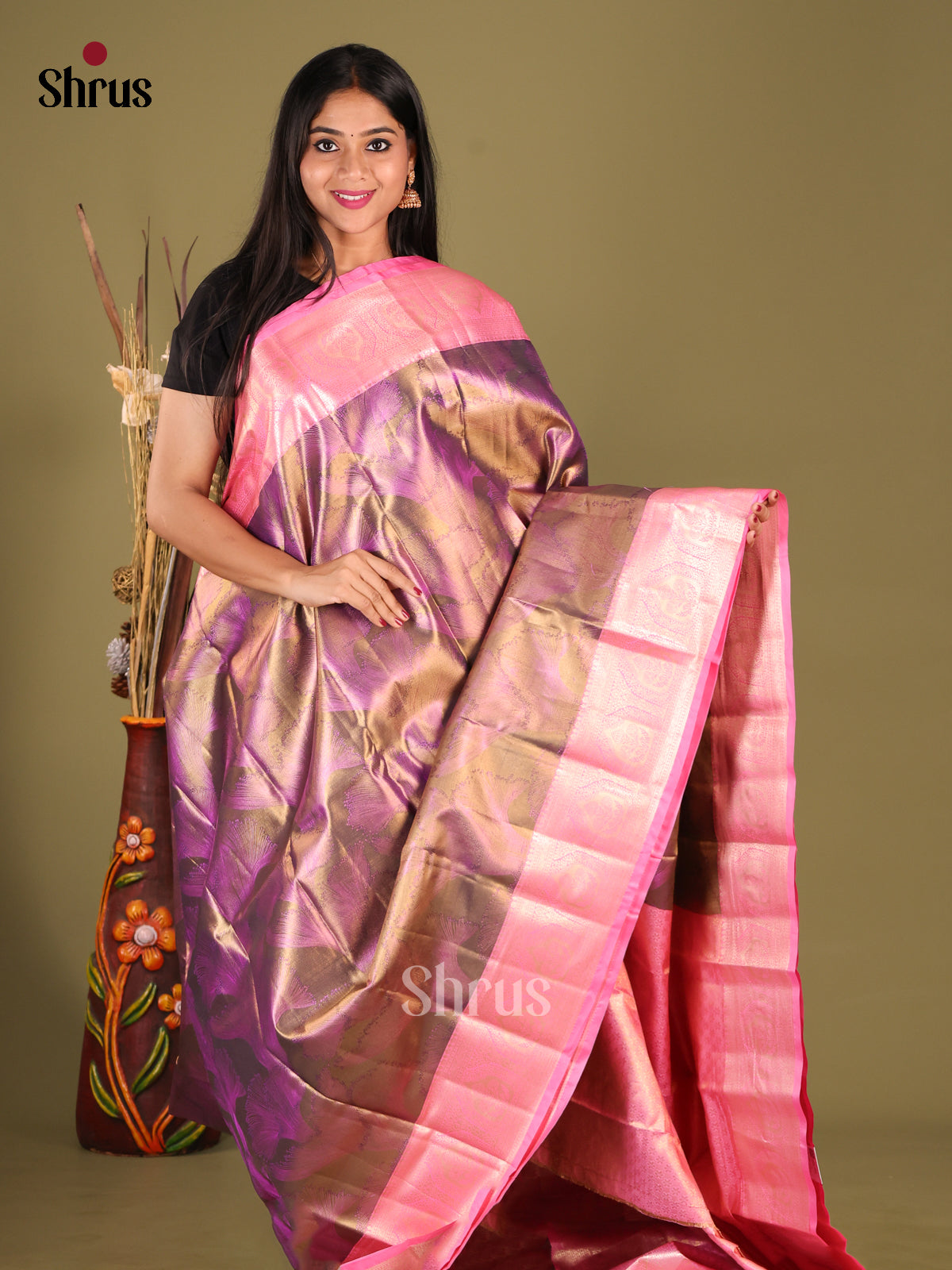 Purple & Pink - Kanchipuram-halfpure Saree - Shop on Shrus.com