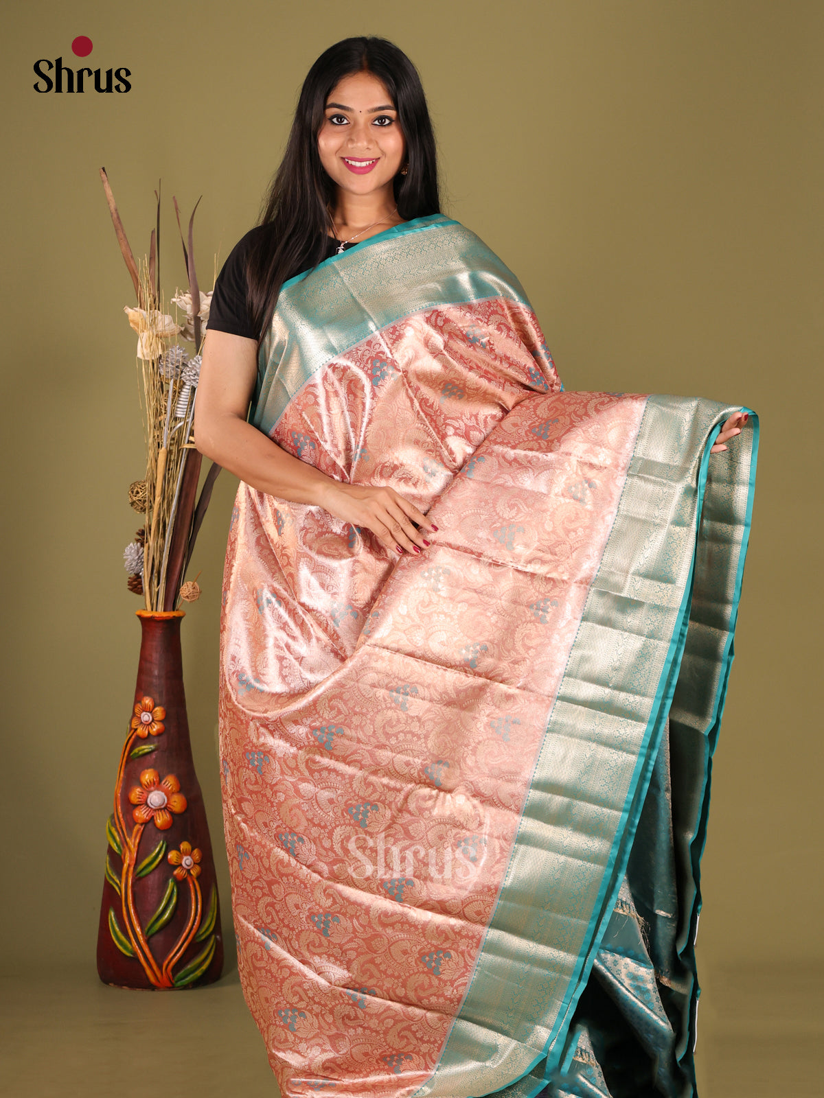 Peachish Pink & Blue - Kanchipuram-halfpure Saree - Shop on Shrus.com