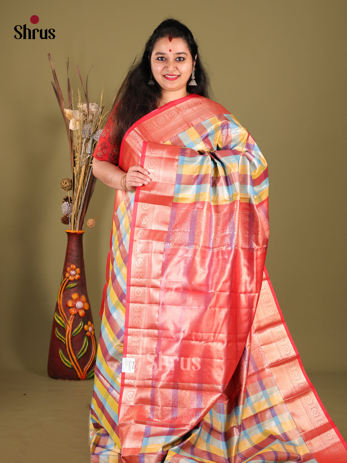 Multicolor & Red - Kanchipuram-halfpure Saree