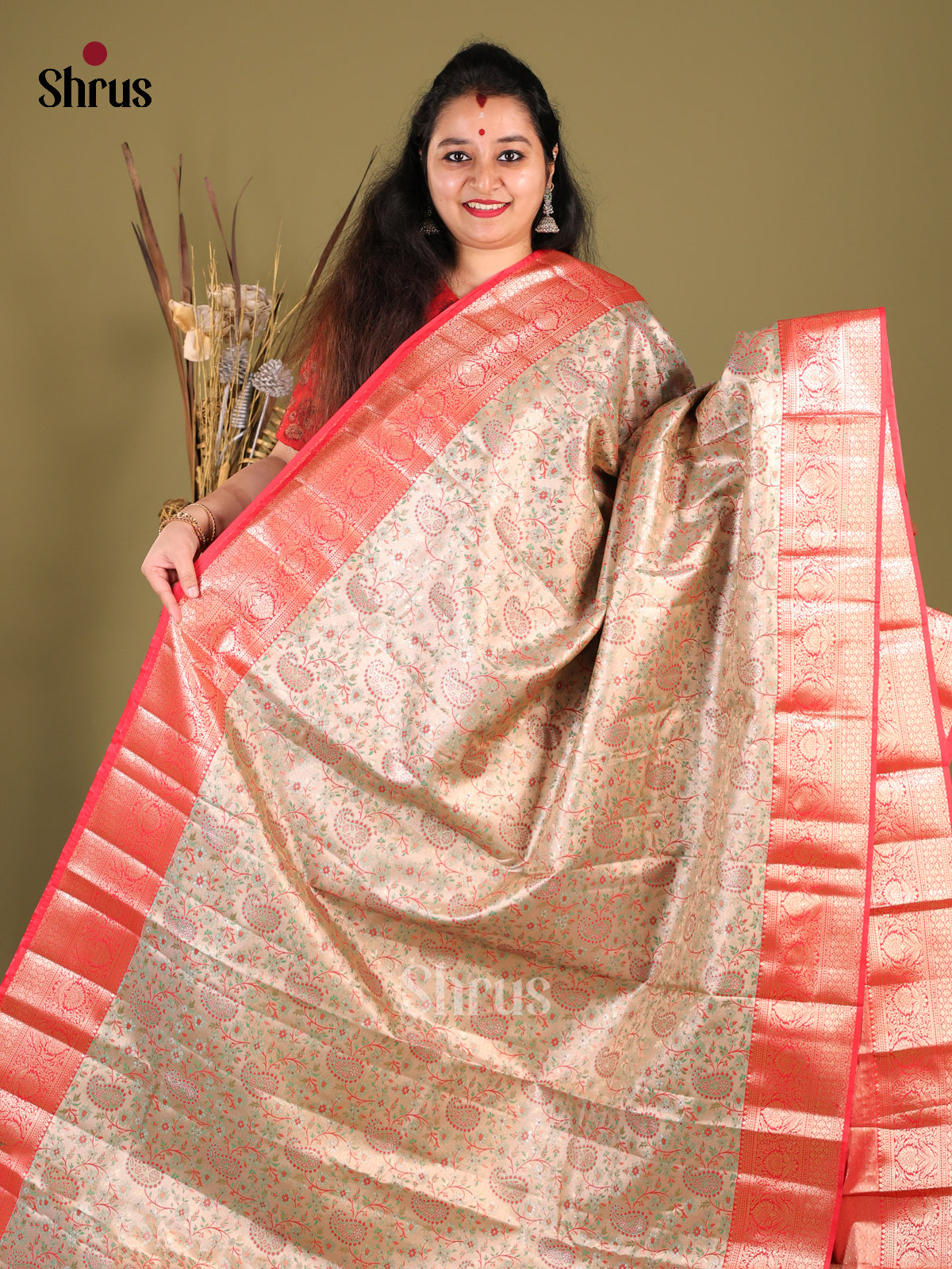 Green & Red - Kanchipuram-halfpure Saree - Shop on Shrus.com