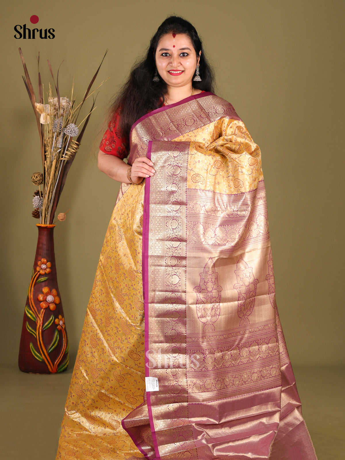 Yellow & Purple- Kanchipuram-halfpure Saree - Shop on Shrus.com