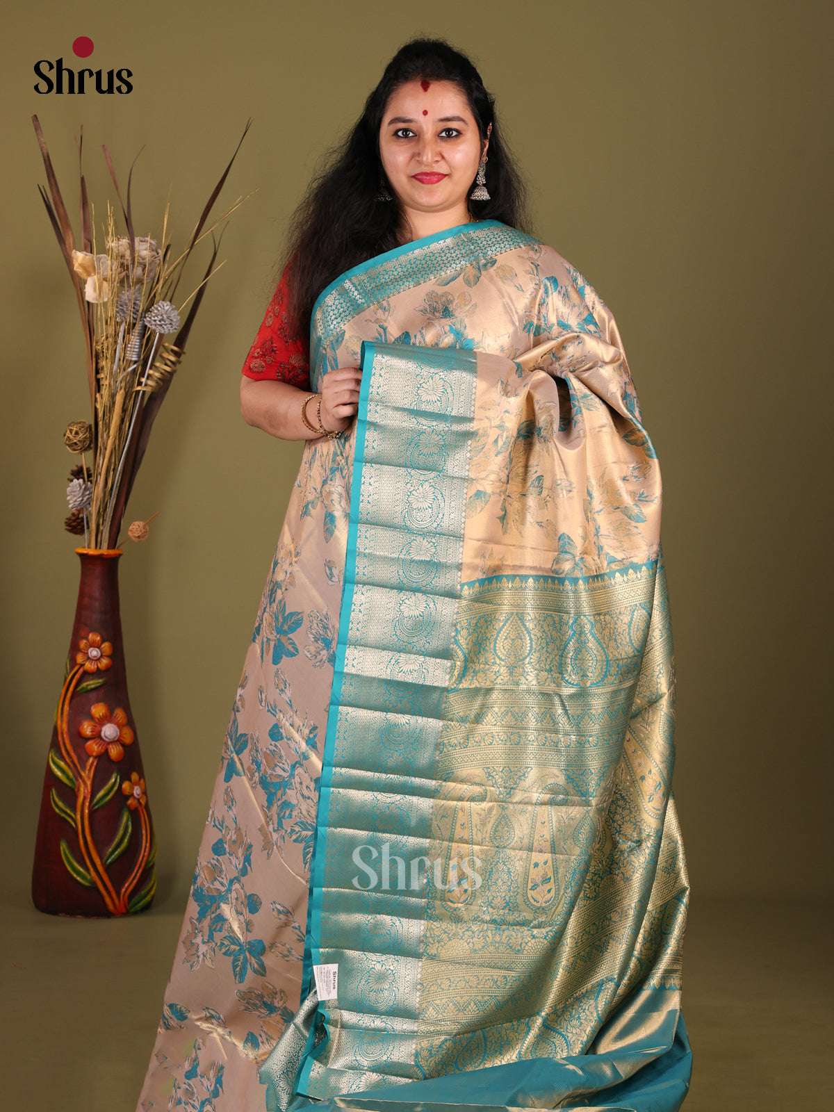 Cream & Blue - Kanchipuram-halfpure Saree