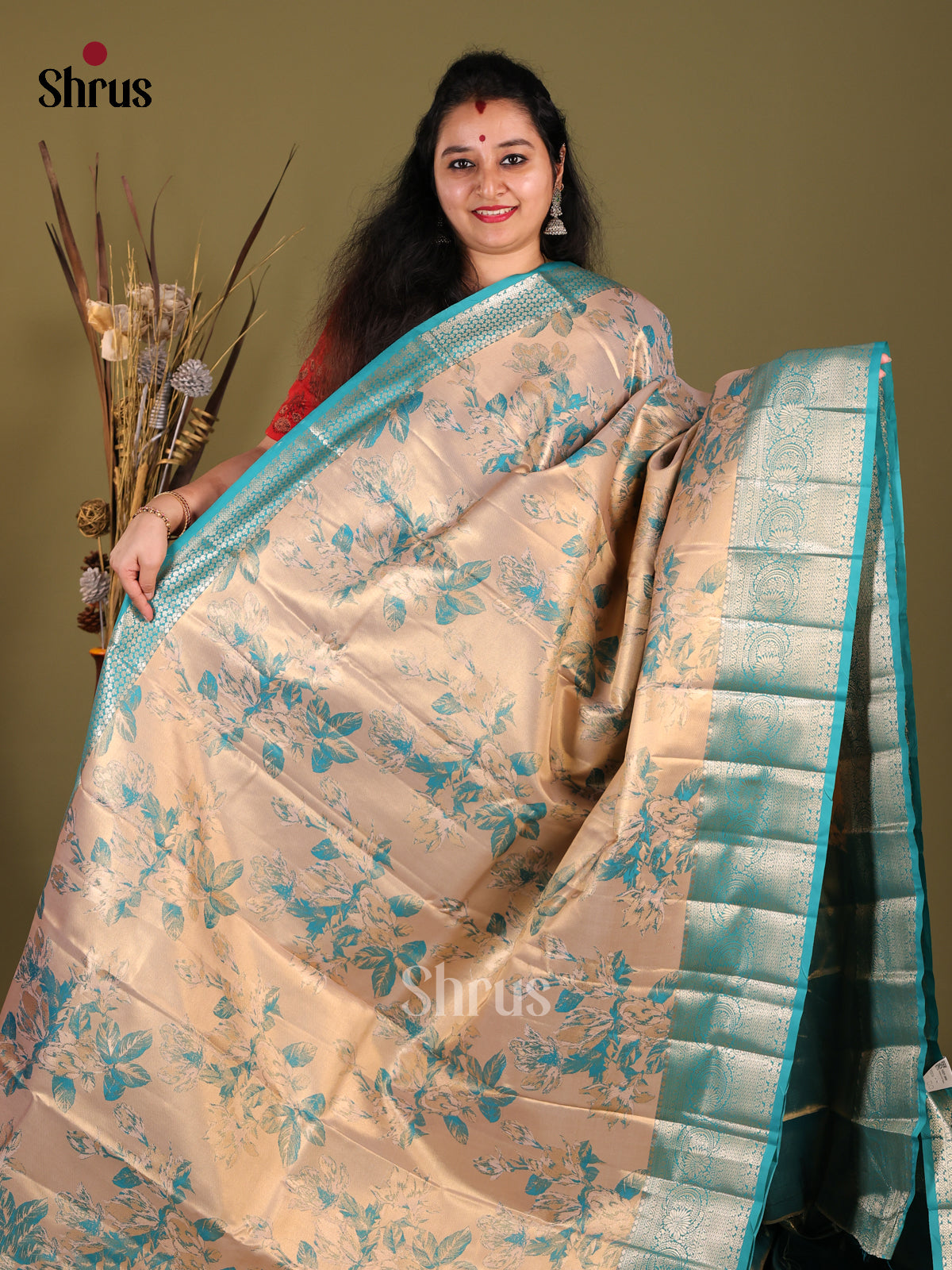 Cream & Blue - Kanchipuram-halfpure Saree