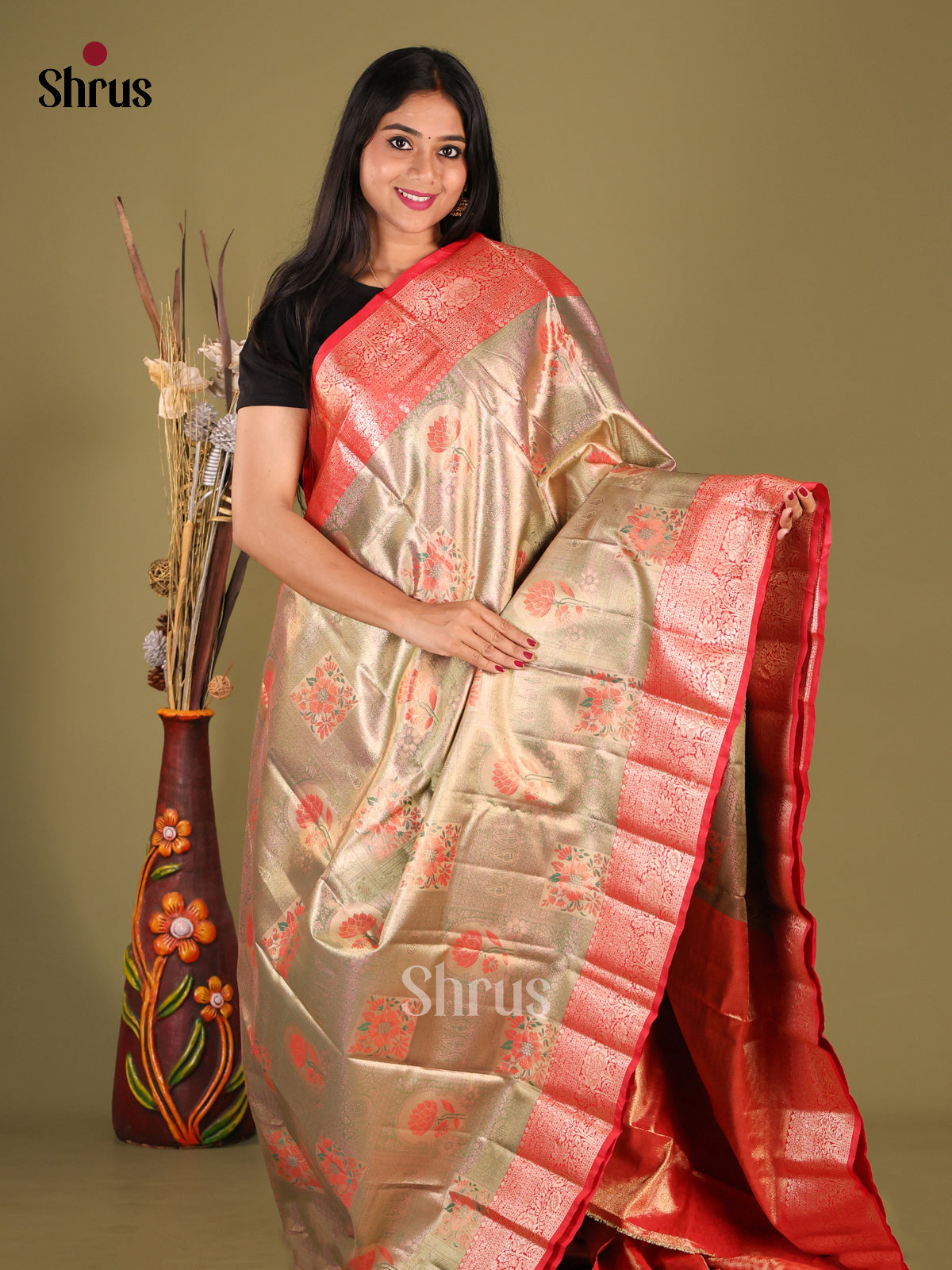 Green & Red - Kanchipuram-halfpure Saree - Shop on Shrus.com
