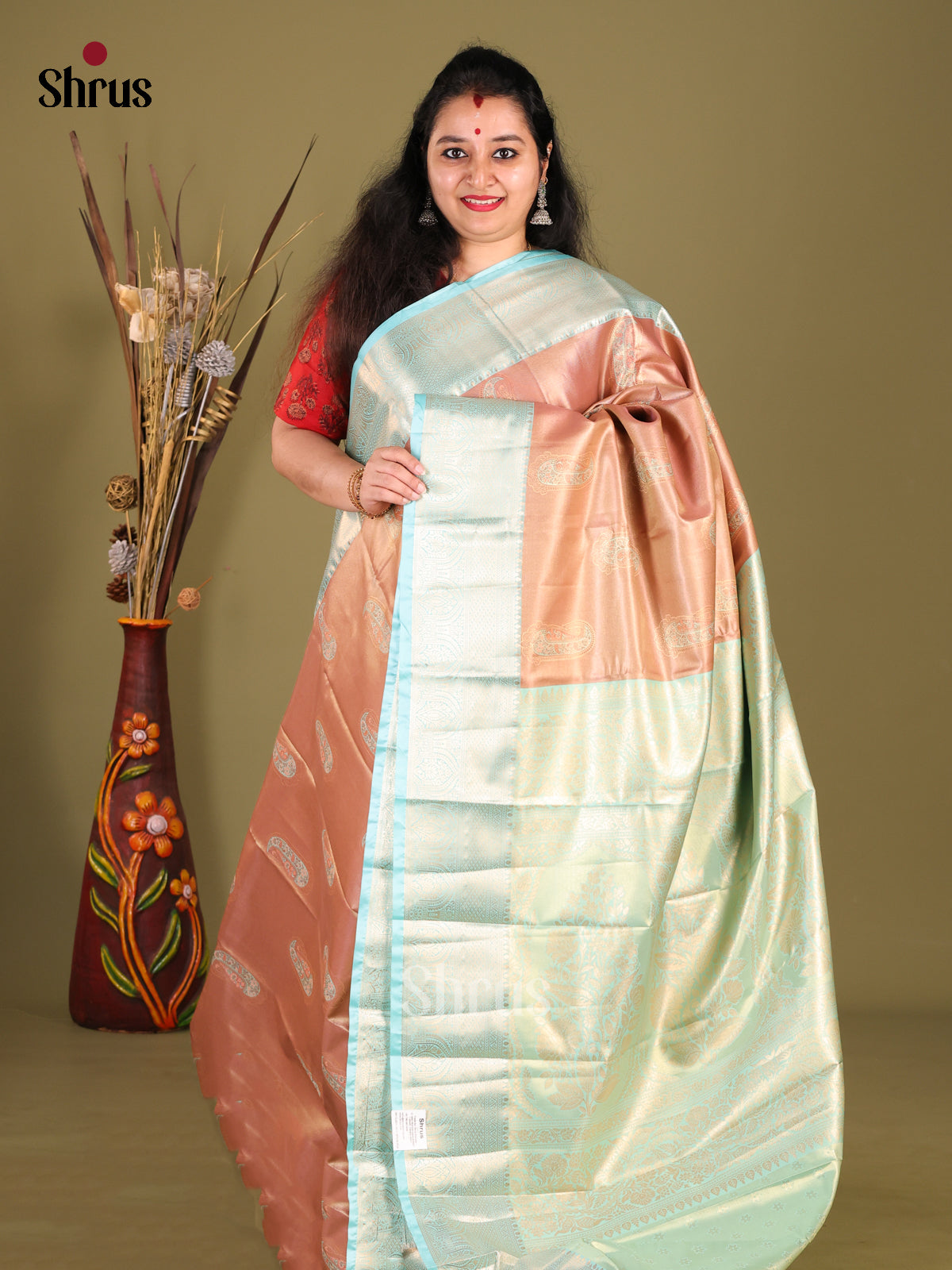 Brown & Blue - Kanchipuram-halfpure Saree