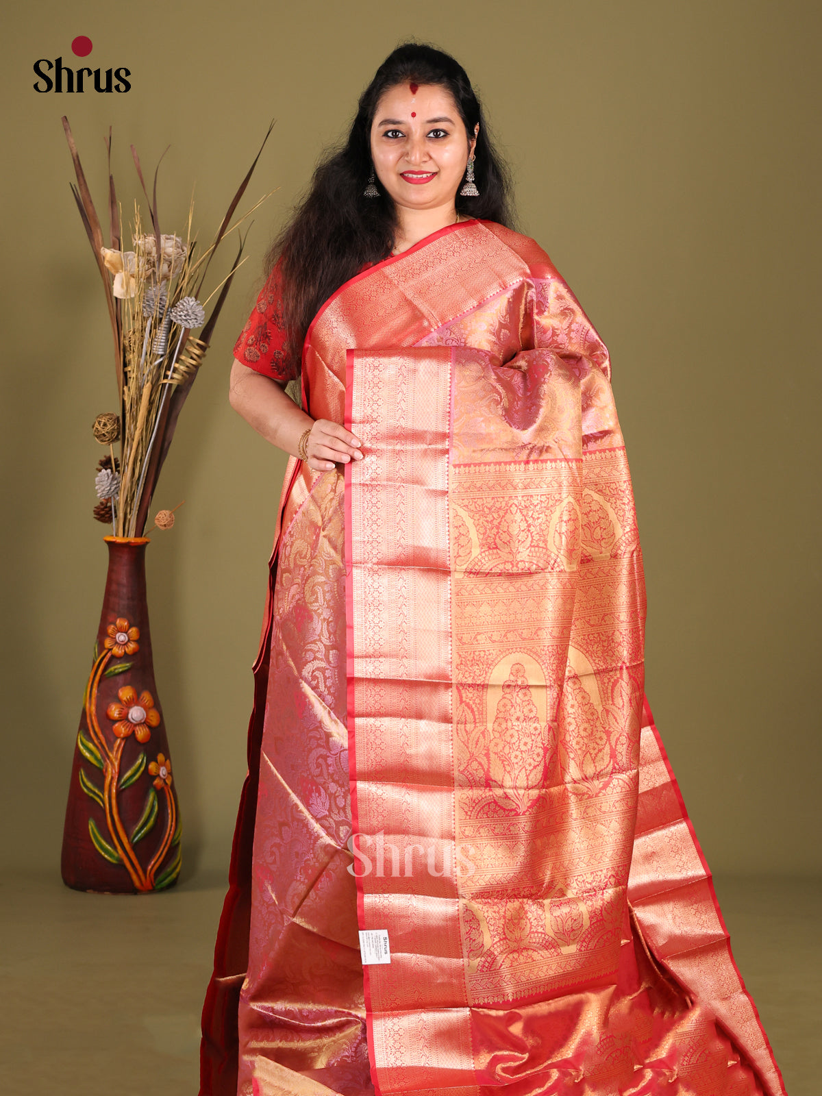 Pink & Red - Kanchipuram-halfpure Saree - Shop on Shrus.com