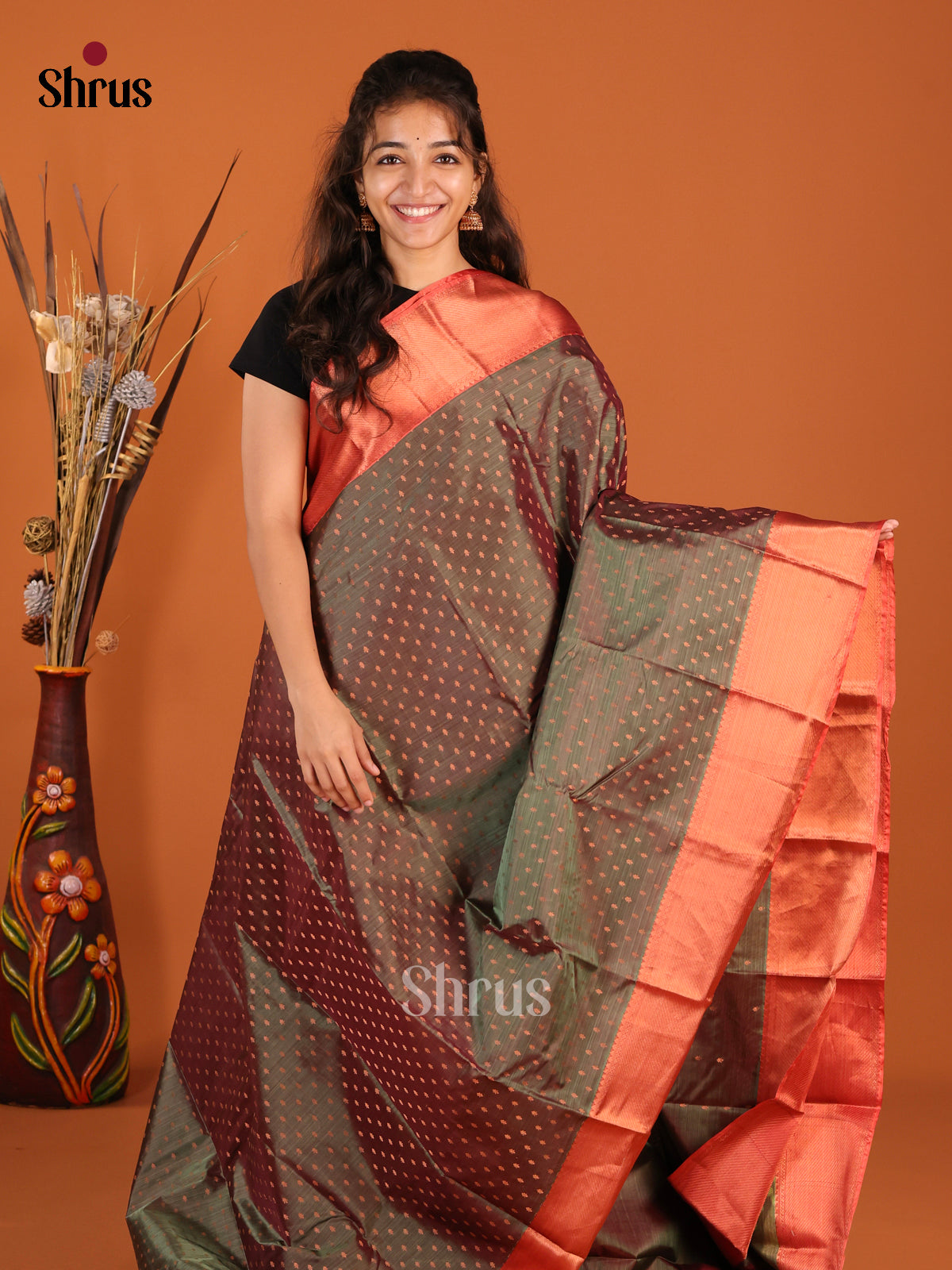 Green & Orange - Kanchipuram-halfpure Saree - Shop on Shrus.com