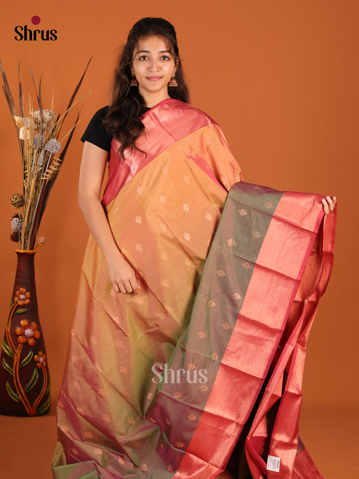 Brick & Maroon - Kanchipuram-halfpure Saree