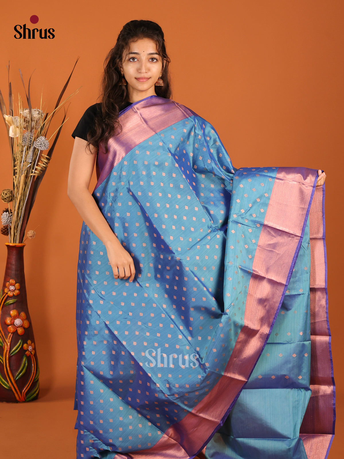 Teal & Blue - Kanchipuram-halfpure Saree - Shop on Shrus.com