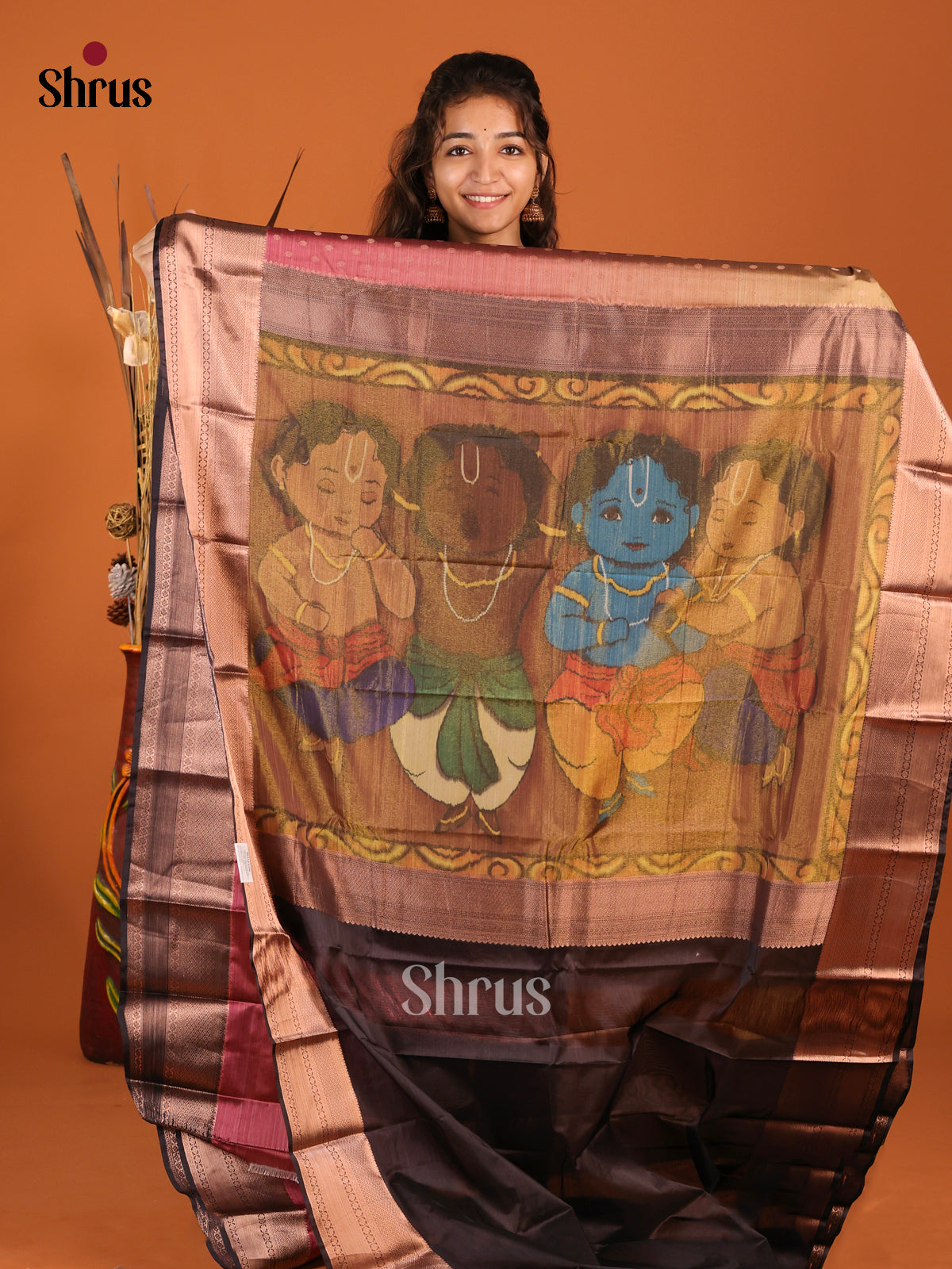 Brown & Black - Kanchipuram-halfpure Saree