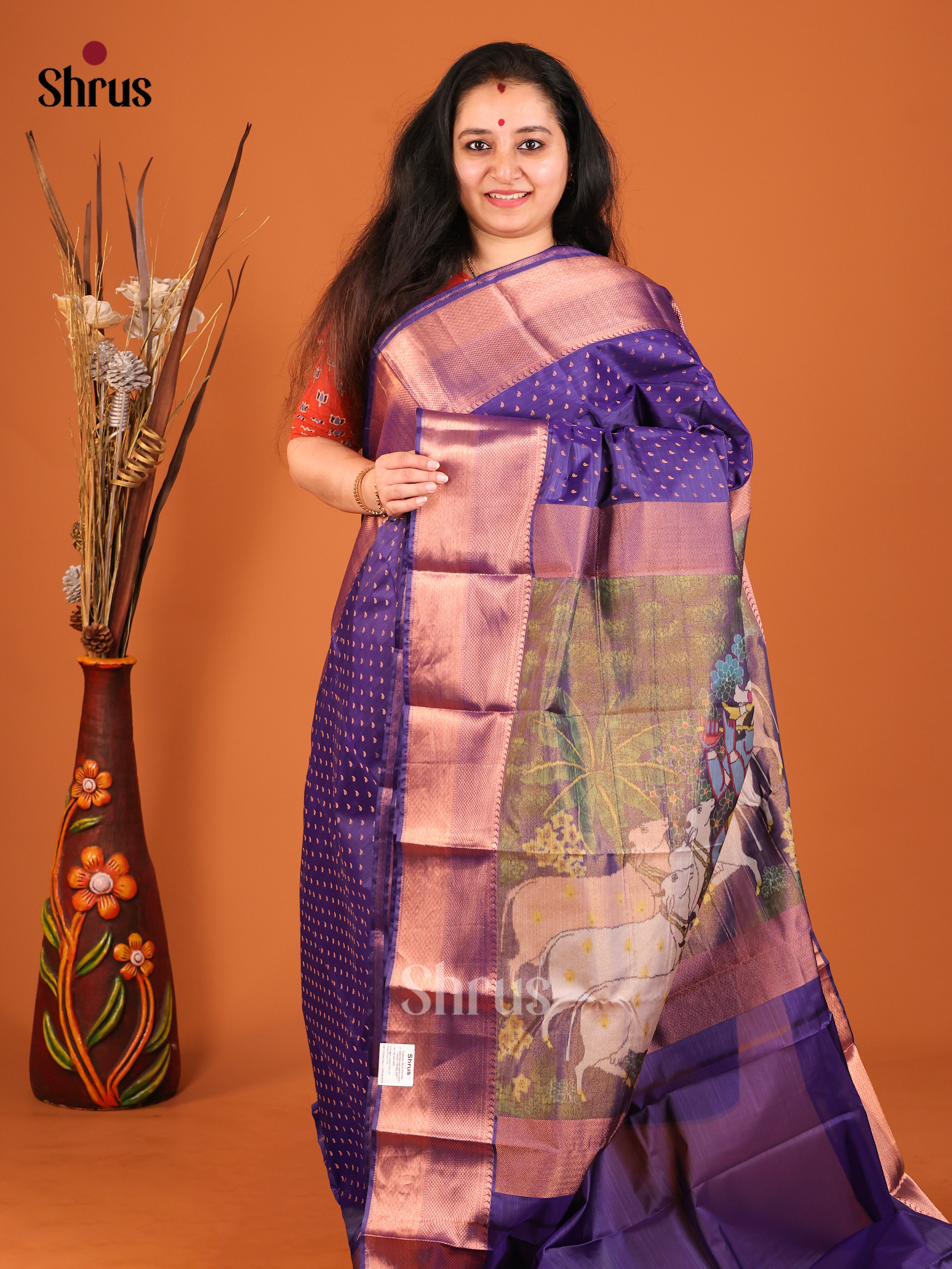 Purple cow design Kanchipuram-halfpure Saree