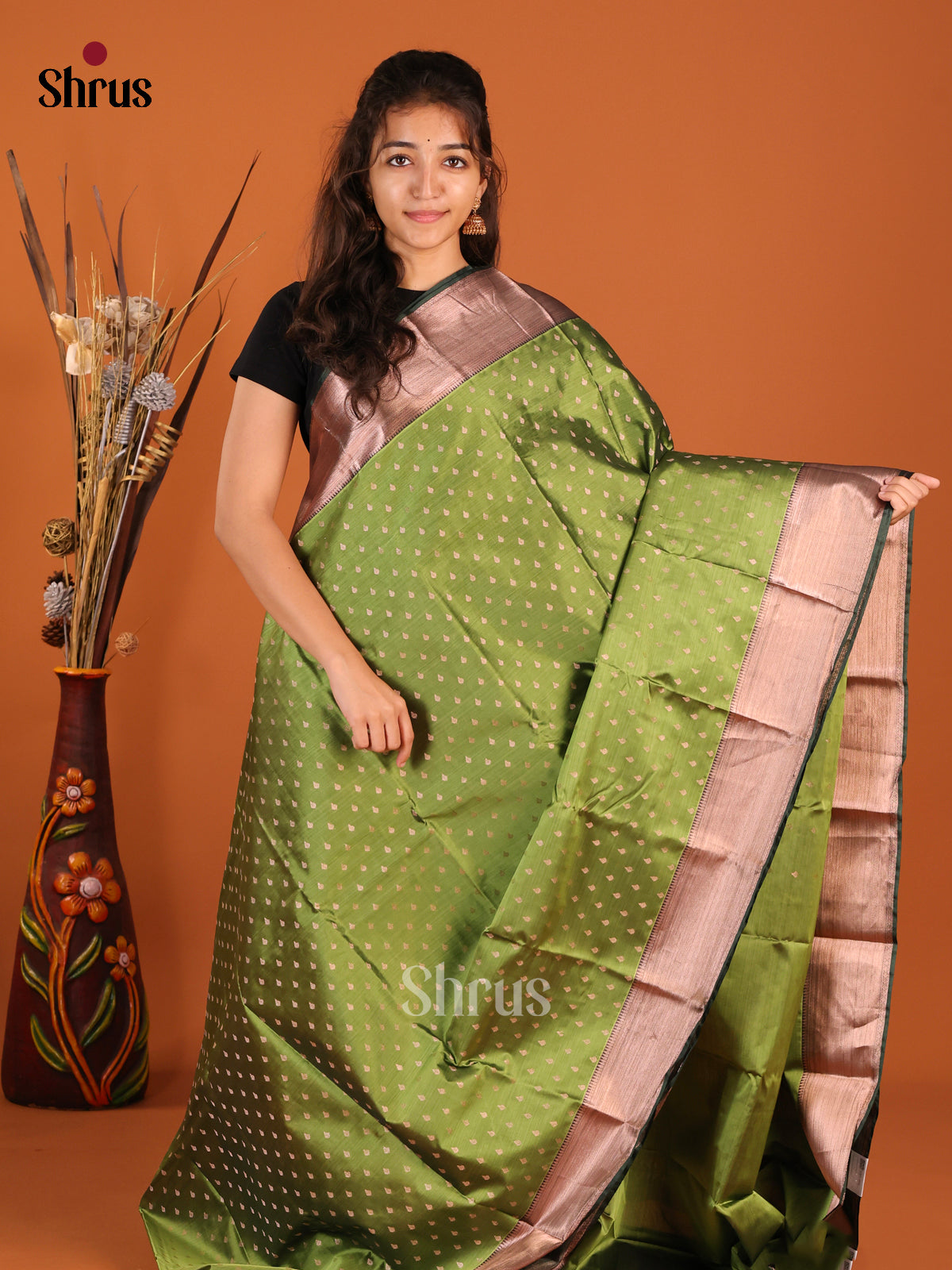 Green & Dark Green - Kanchipuram-halfpure Saree - Shop on Shrus.com
