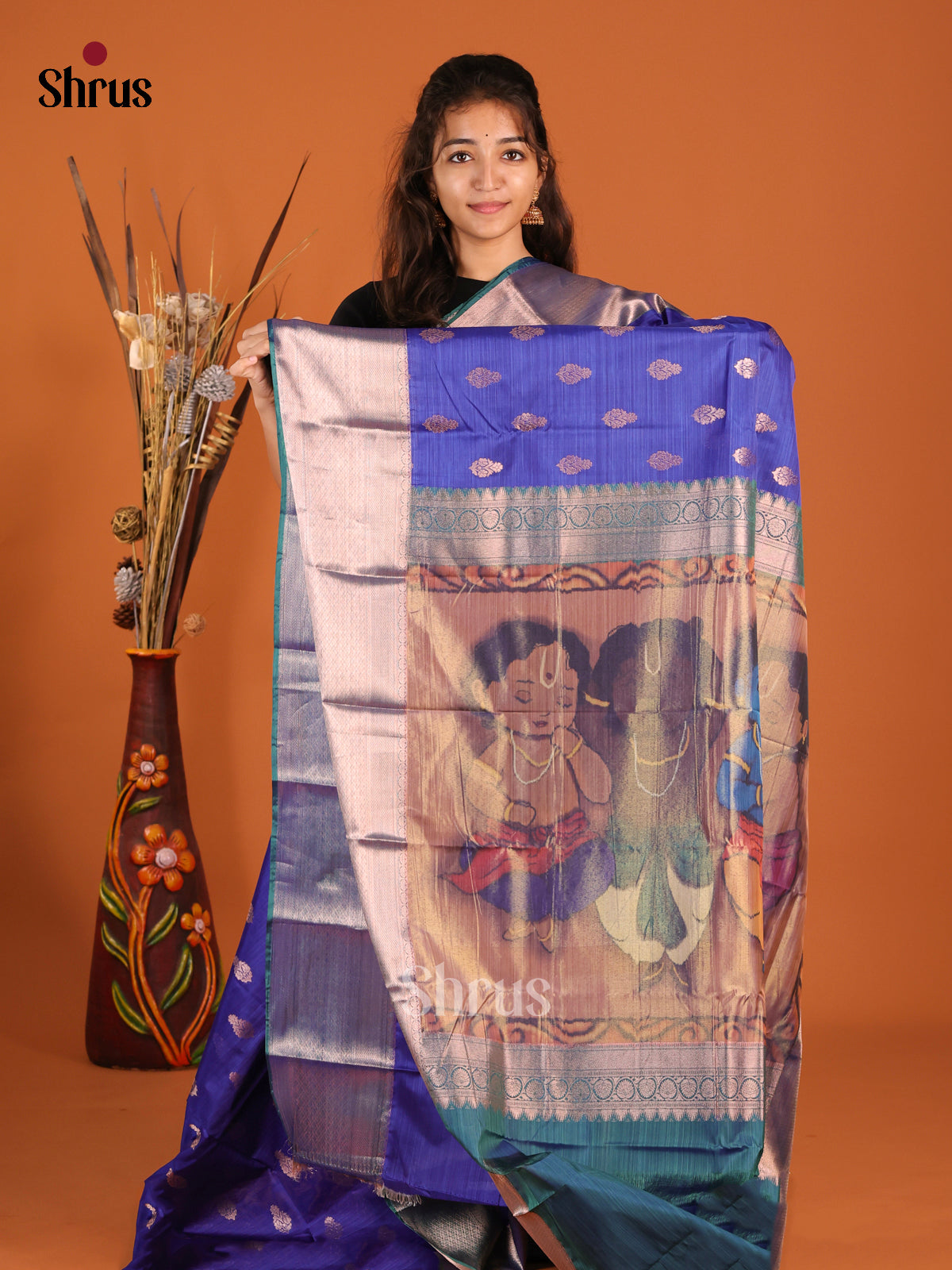 Blue & Peacock Blue - Kanchipuram-halfpure Saree