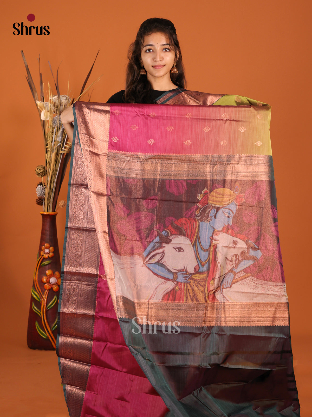 Maroon & Green- Kanchipuram-halfpure Saree - Shop on Shrus.com
