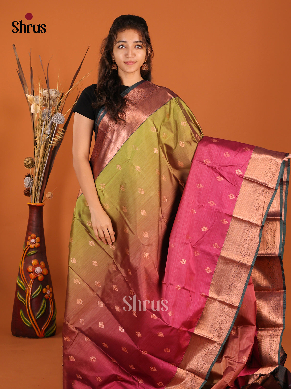 Maroon & Green- Kanchipuram-halfpure Saree - Shop on Shrus.com