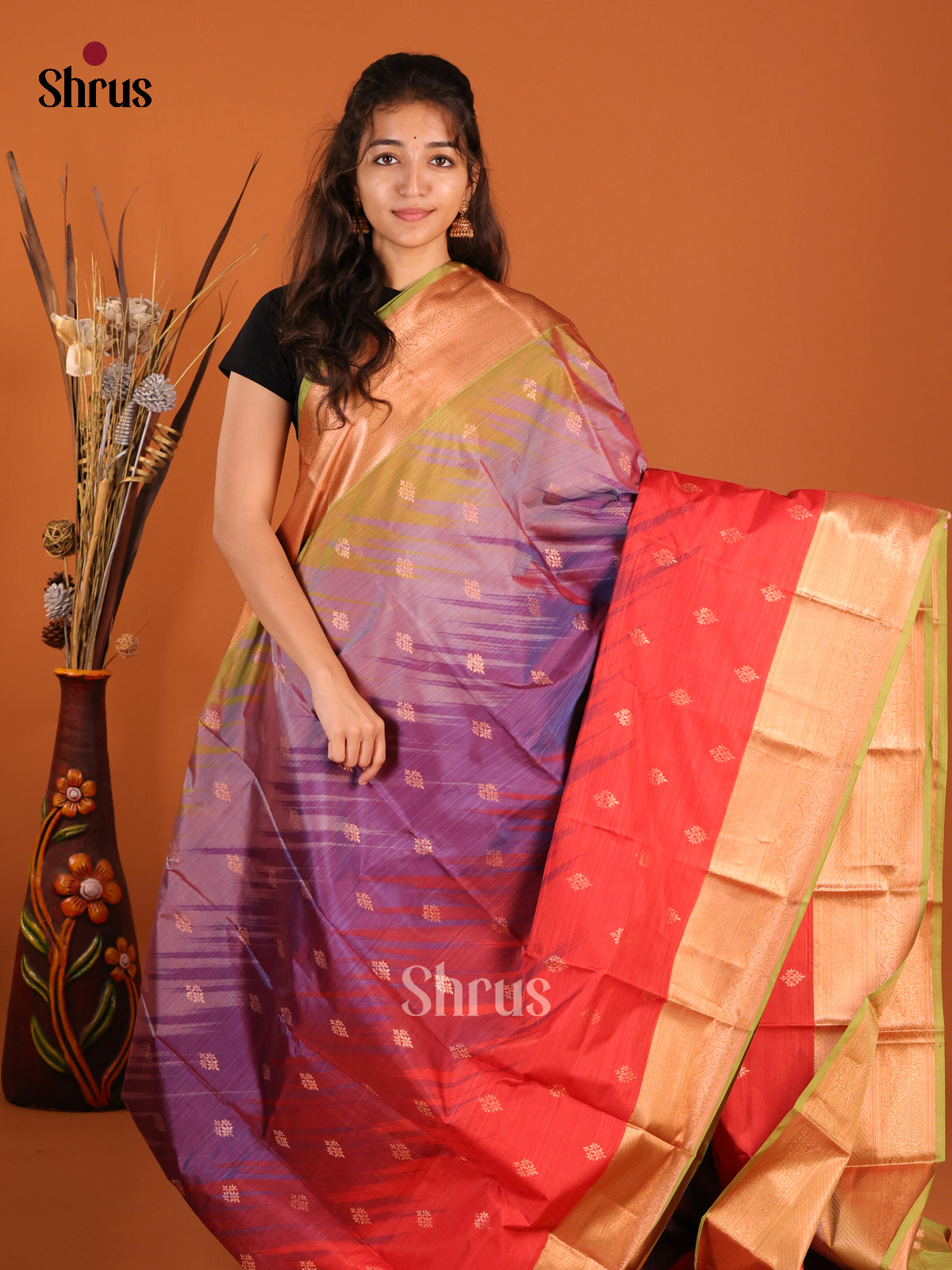 Purple & Green - Kanchipuram-halfpure Saree - Shop on Shrus.com