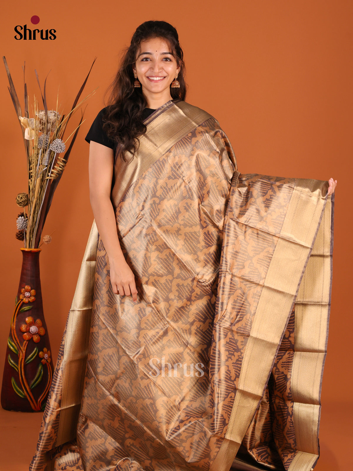 Peach & Grey - Kanchipuram-halfpure Saree - Shop on Shrus.com