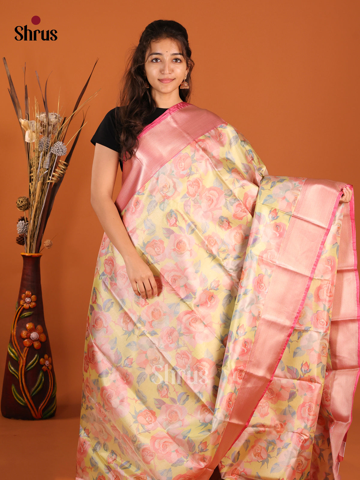 Yellow Pink Kanchipuram-halfpure Saree