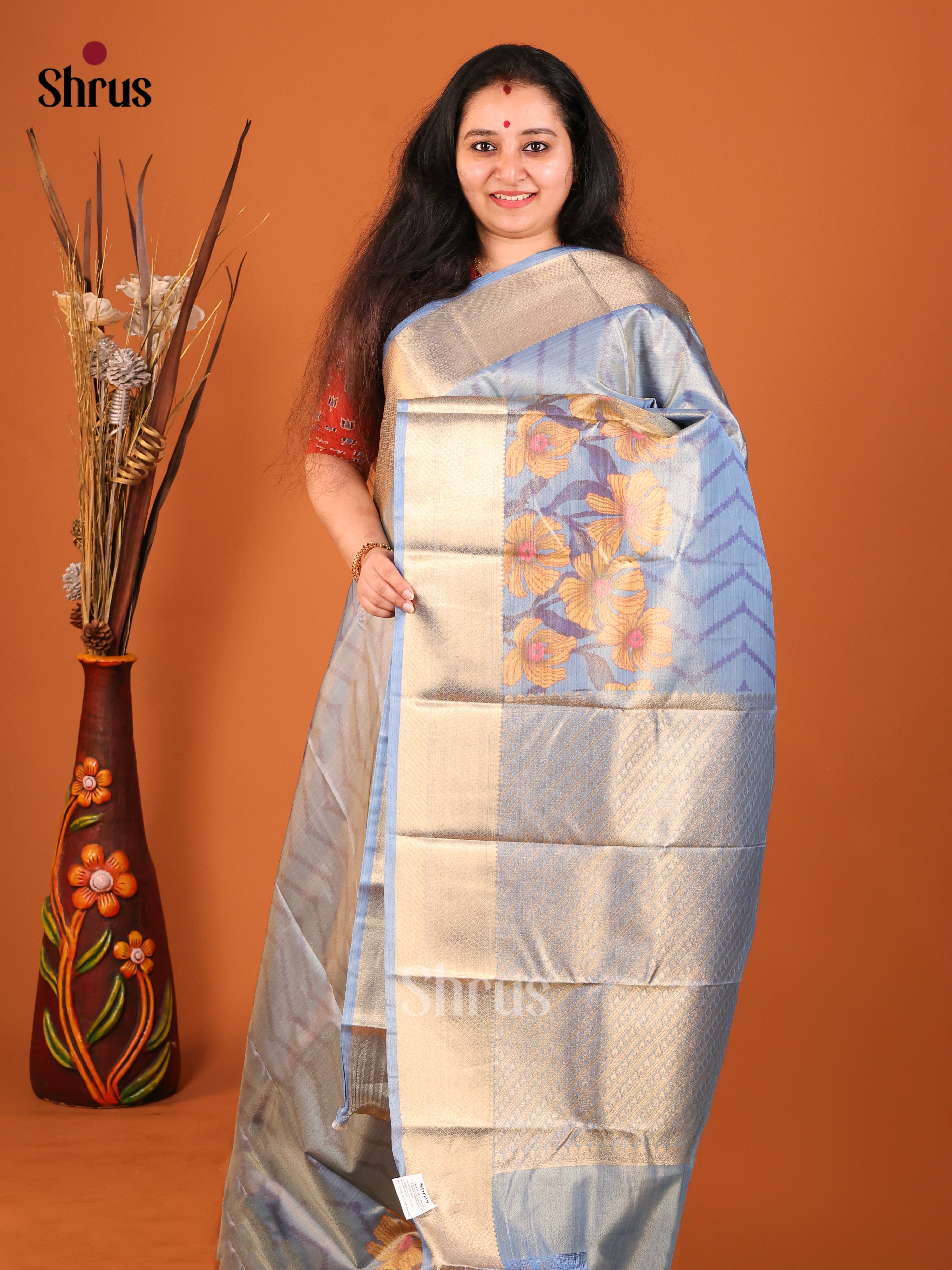 blue Flower Kanchipuram-halfpure Saree