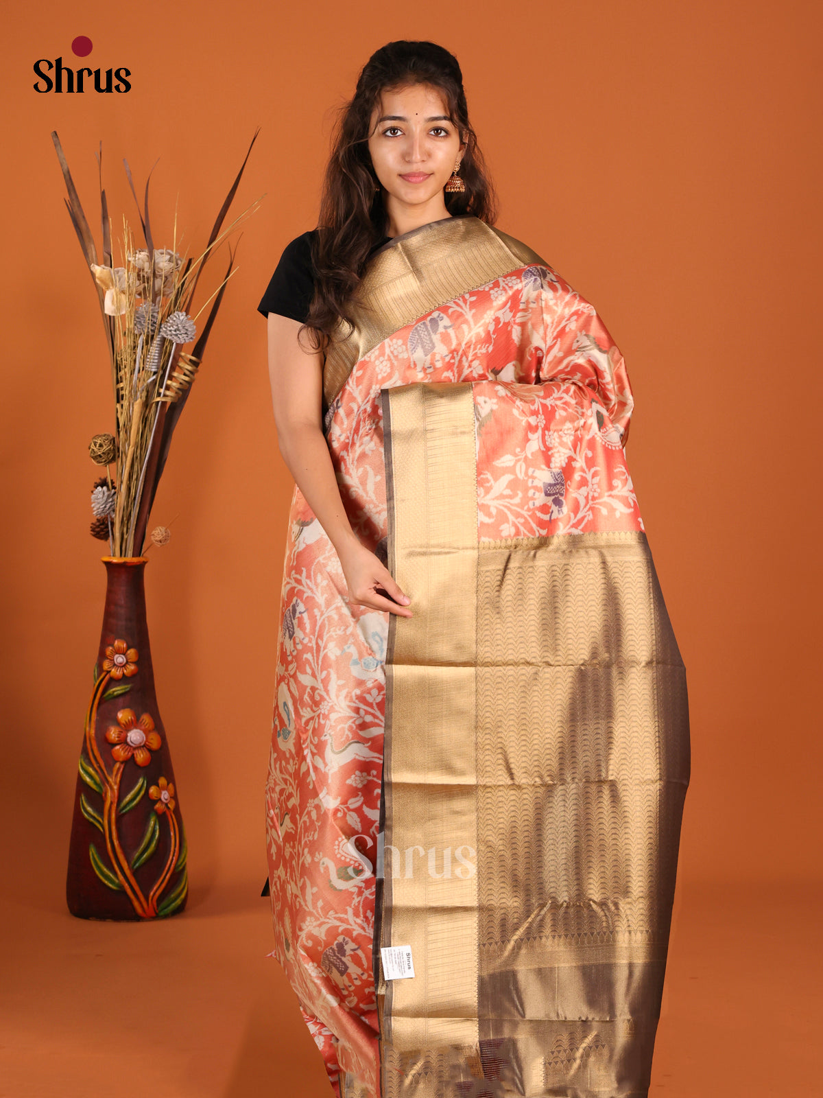 Orange & Grey - Kanchipuram-halfpure Saree - Shop on Shrus.com
