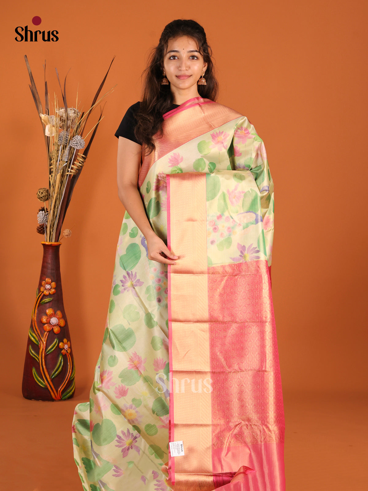 green & Orangish Pink - Kanchipuram-halfpure Saree - Shop on Shrus.com